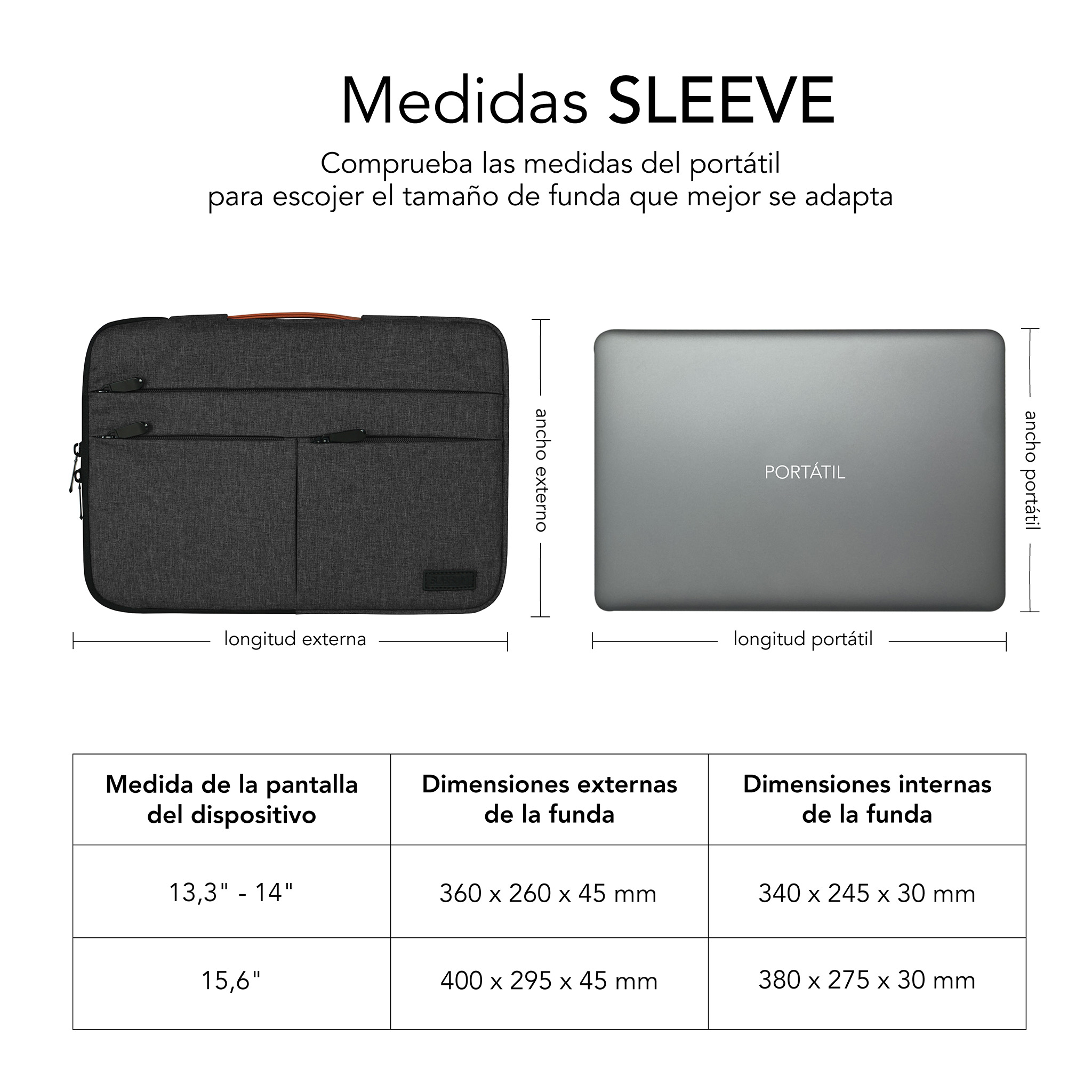 Grafico mostra custodia per laptop e dimensioni con tabella.