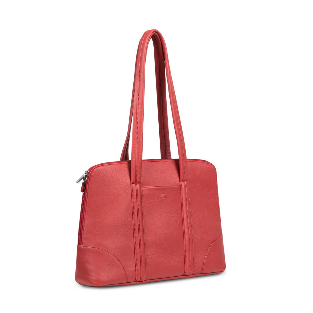 Una borsa tote in pelle rossa con manici e cerniera, su sfondo bianco.