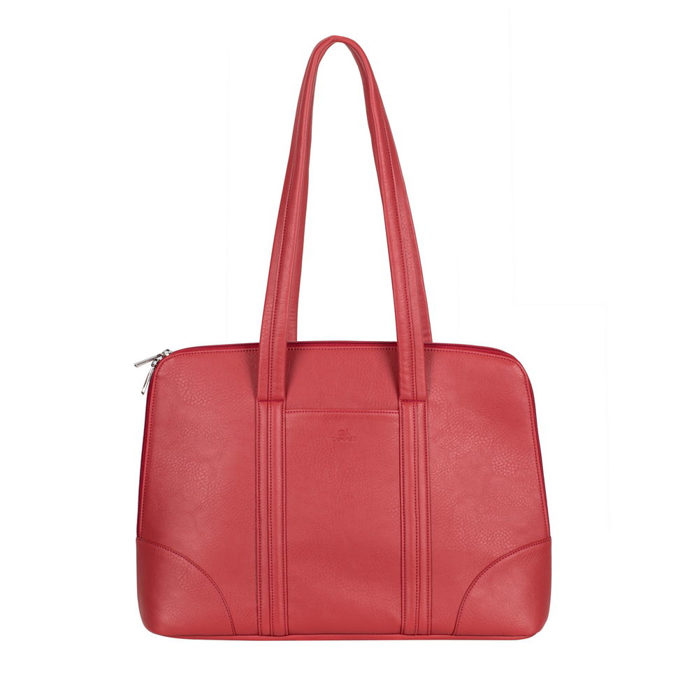 Una borsa in pelle rossa con due manici e una cerniera.