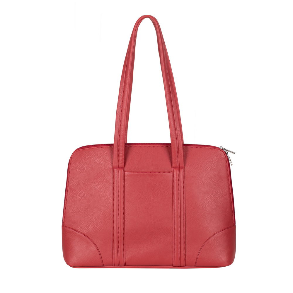 Una borsa in pelle rossa con due manici e chiusura a zip.