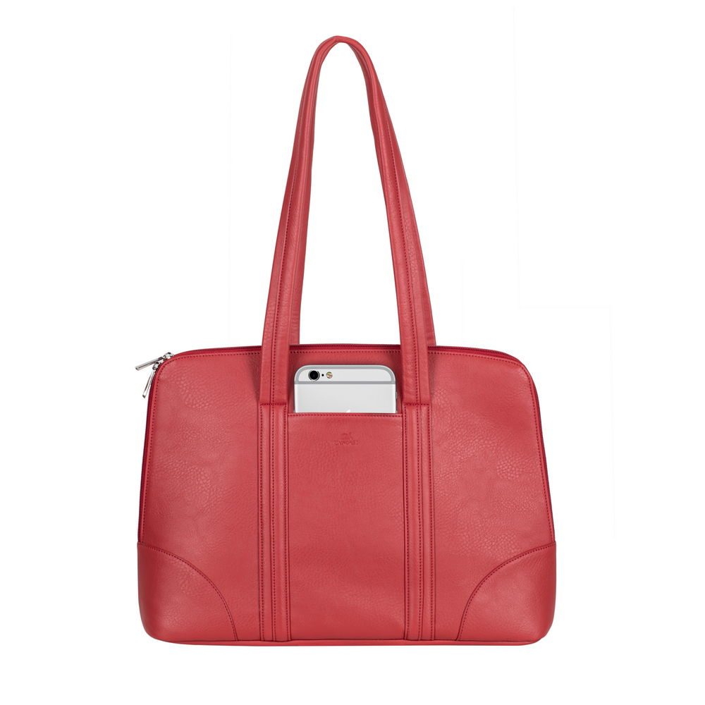 Una borsa tote in pelle rossa con manici, con tasca frontale per telefono.