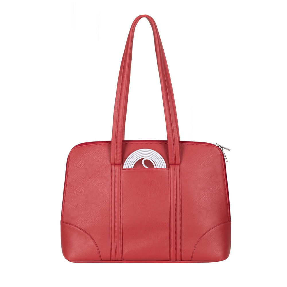 Borsa tote in pelle rossa con cavo bianco in tasca anteriore, manici bianchi.