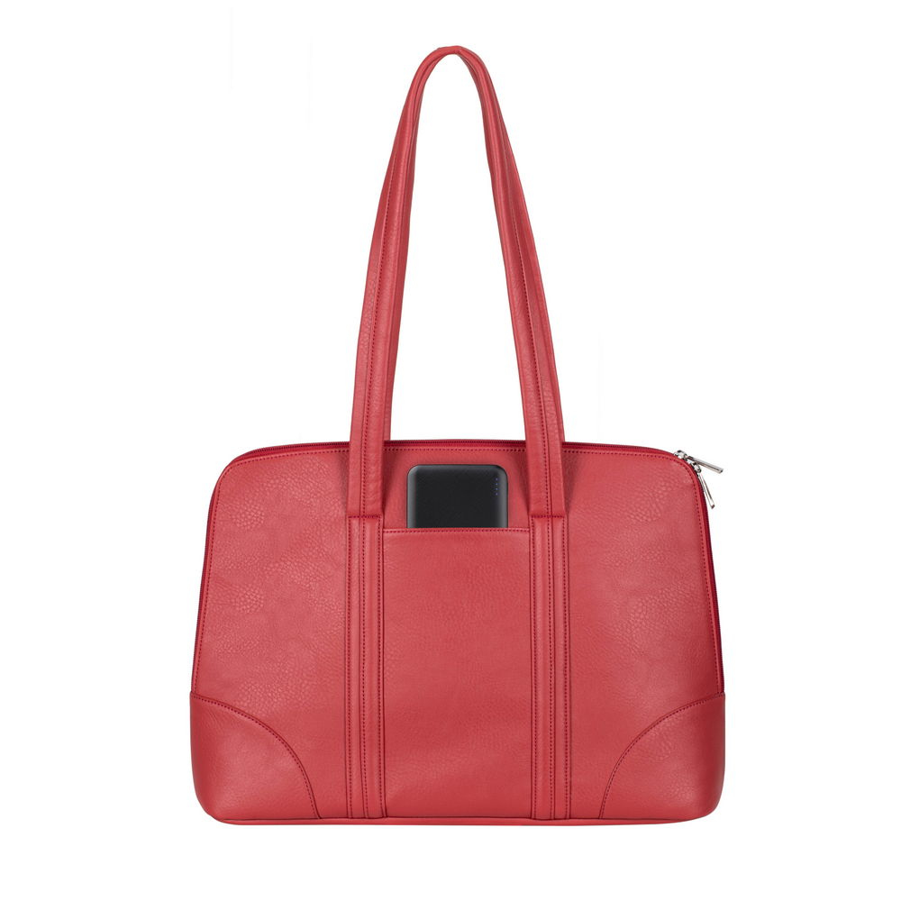 Borsa tote in pelle rossa con manici e un power bank nero nella tasca esterna.