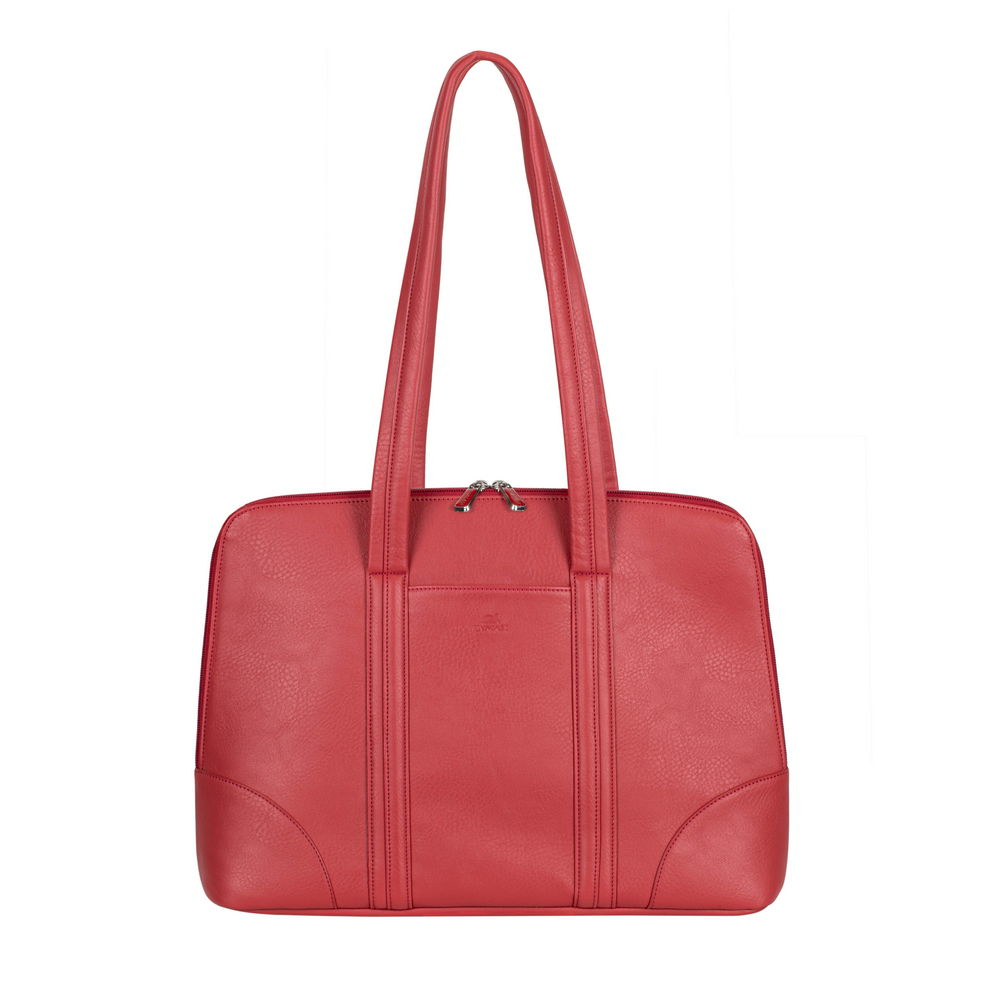 Una borsa tote rossa in pelle con manici e cerniera, su sfondo bianco.