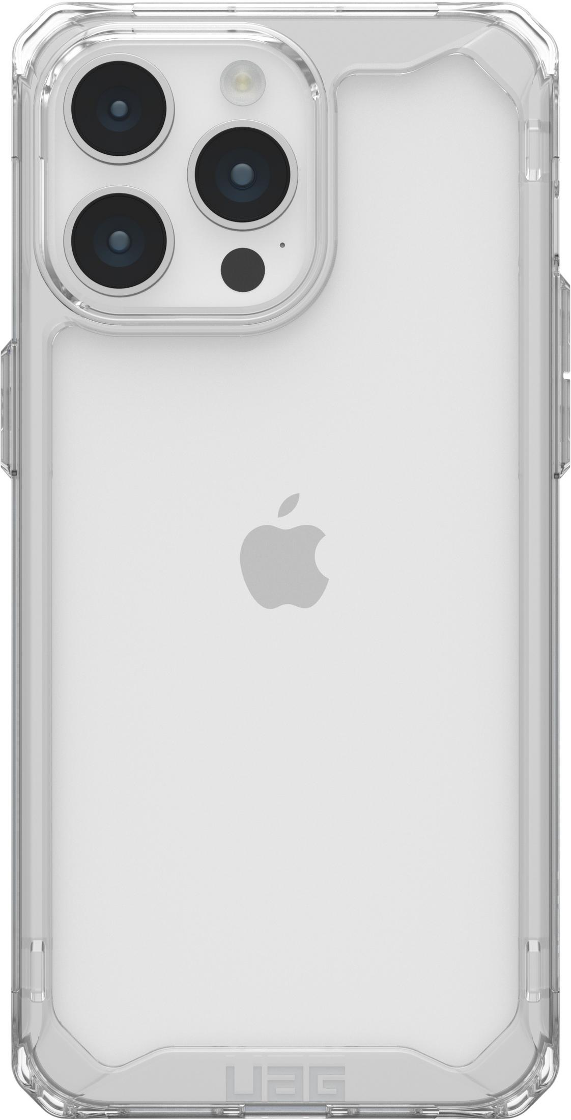 Rückseite eines transparenten iPhone-Schutzhülle mit Apple-Logo und Kamera.