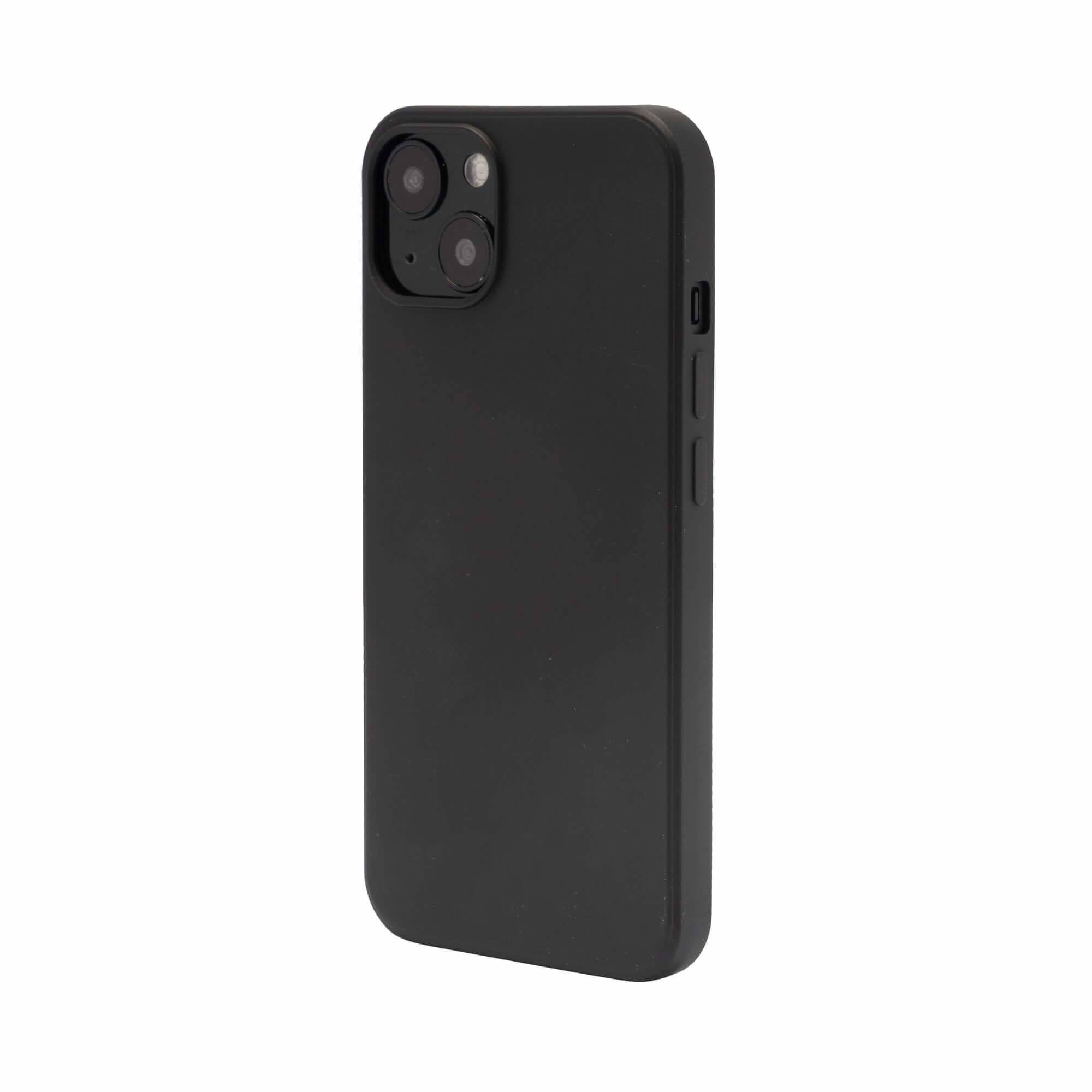Custodia nera per telefono con ritaglio doppia fotocamera, isolata su bianco.