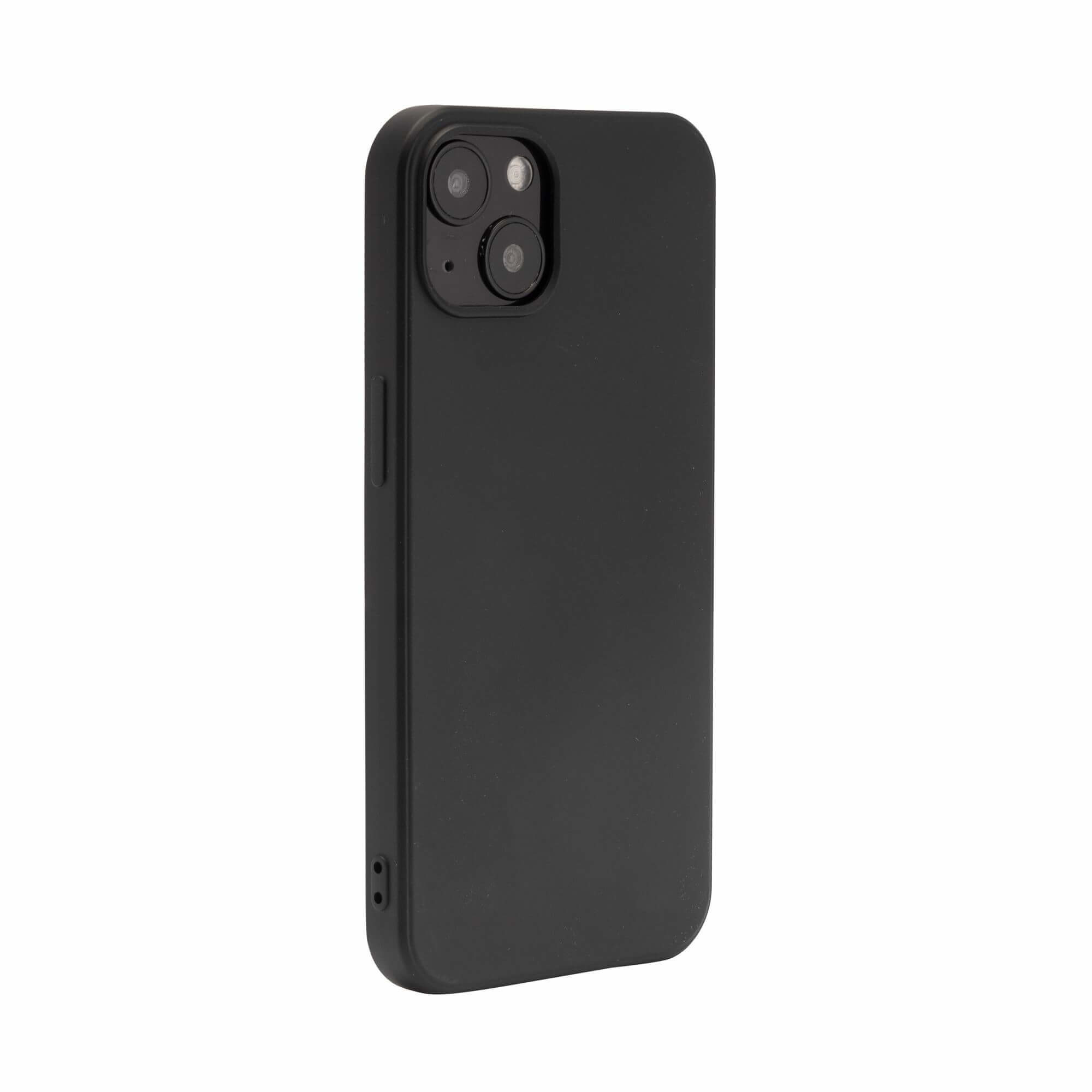 Custodia nera per telefono con ritaglio fotocamera e pulsanti laterali.