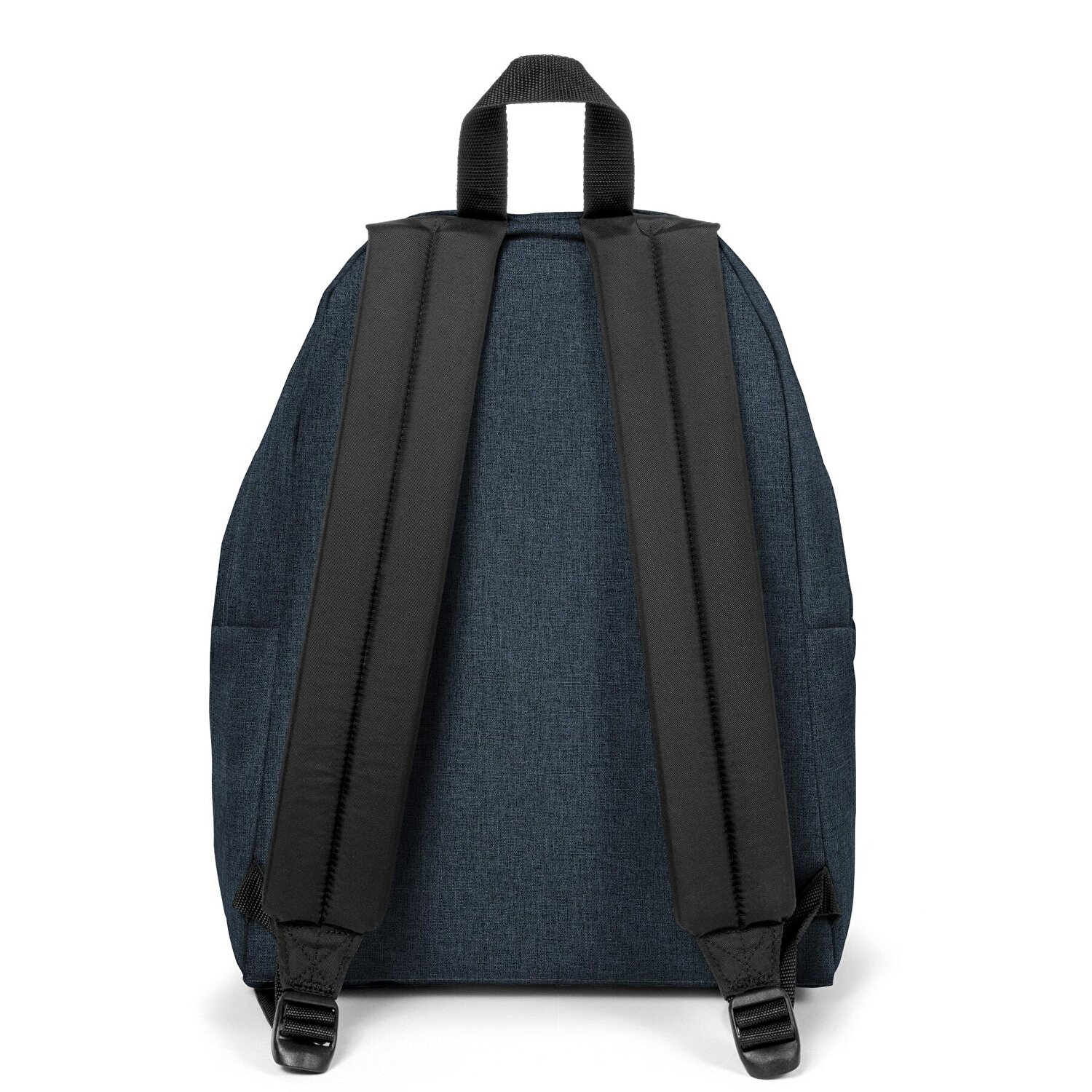 Rückansicht eines dunkelblauen Rucksacks mit schwarzen Trägern und einer Schlaufe.