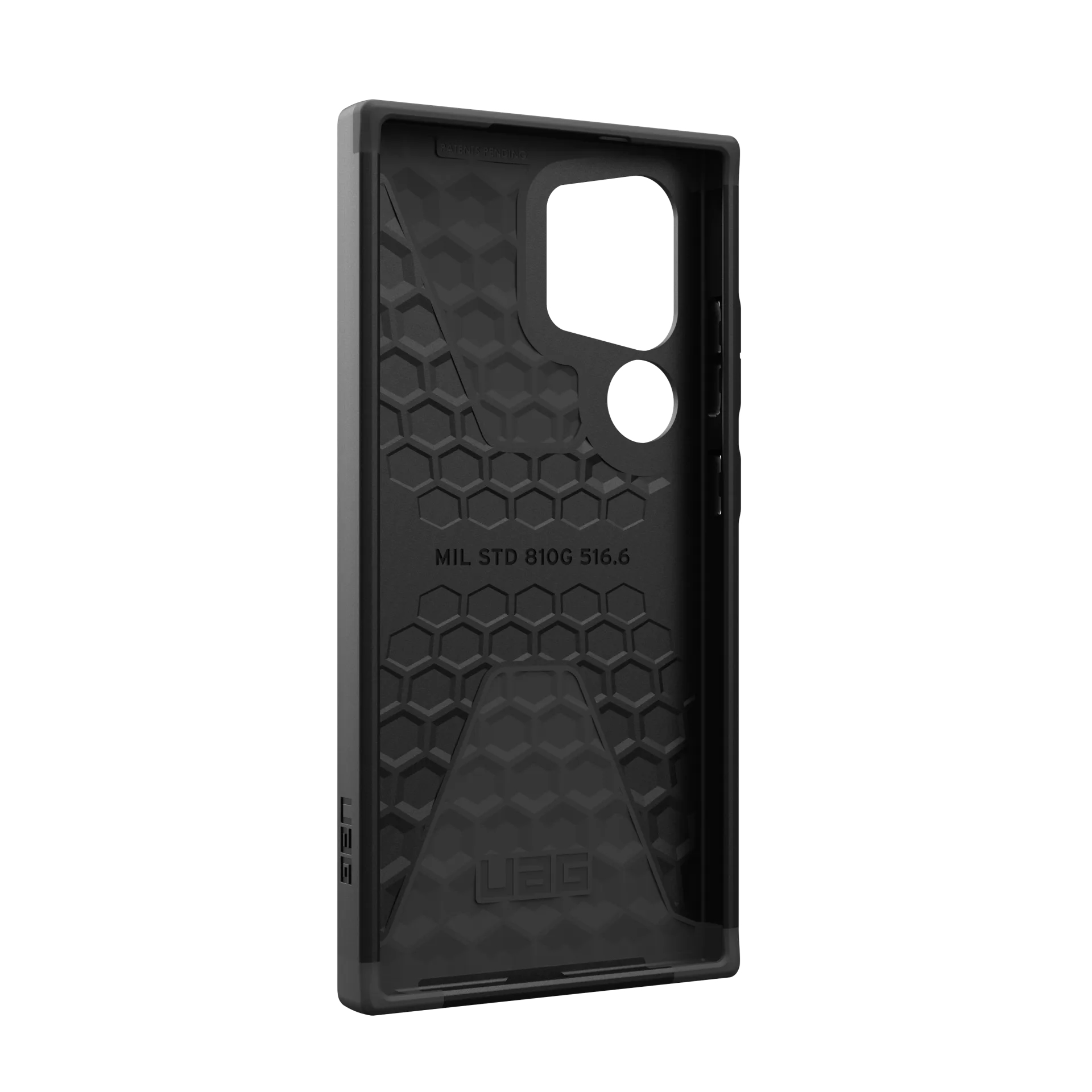 Zwarte telefoonhoes met honingraatpatroon, uitsparingen voor camera en knoppen.