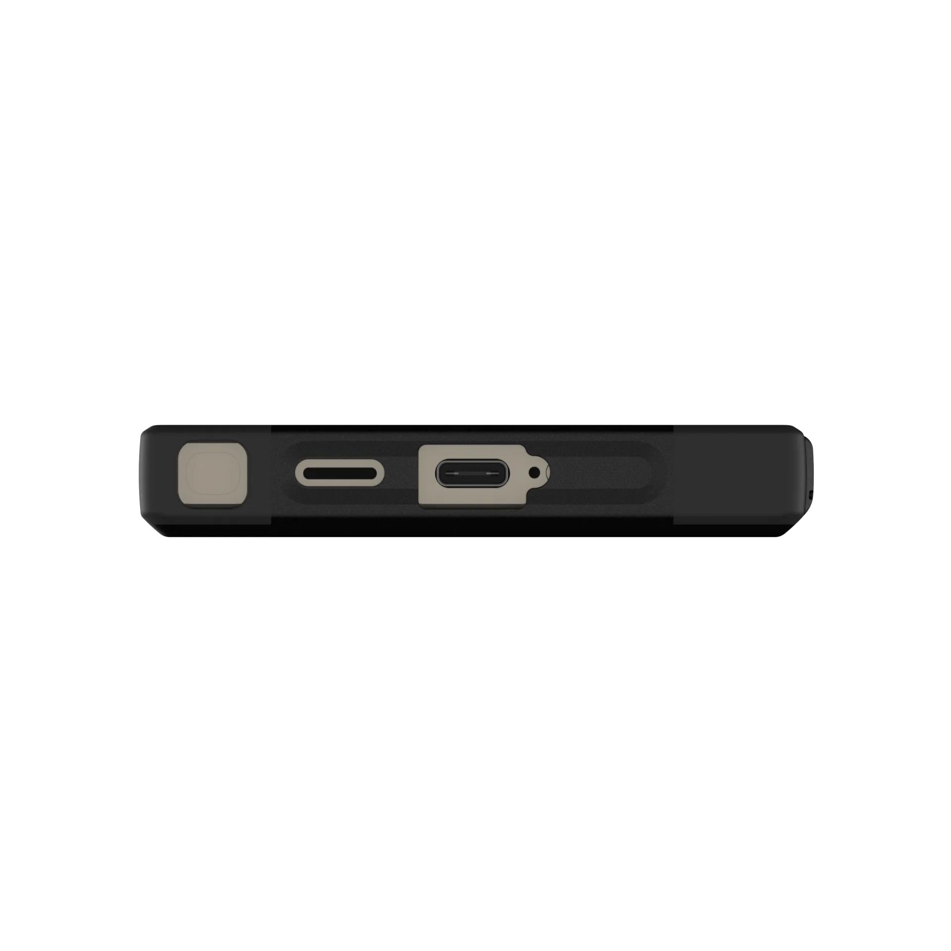 Close-up van een zwarte telefoonhoes met een USB-C poort en knop.