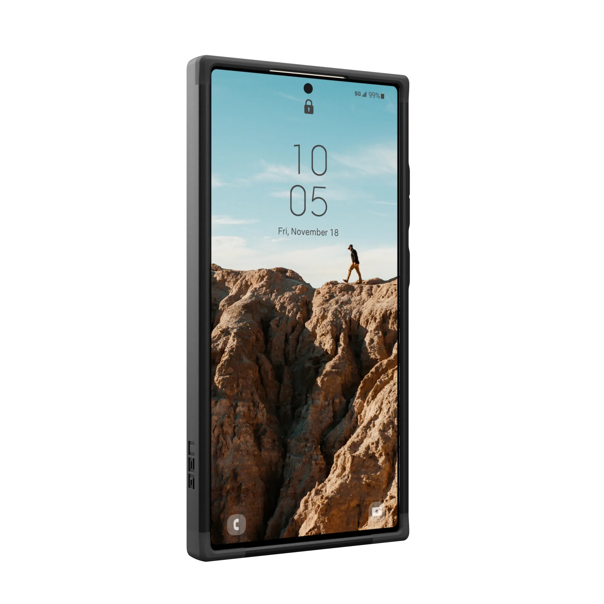 Een smartphone met een wandelaar op een rotsachtige richel als achtergrond.