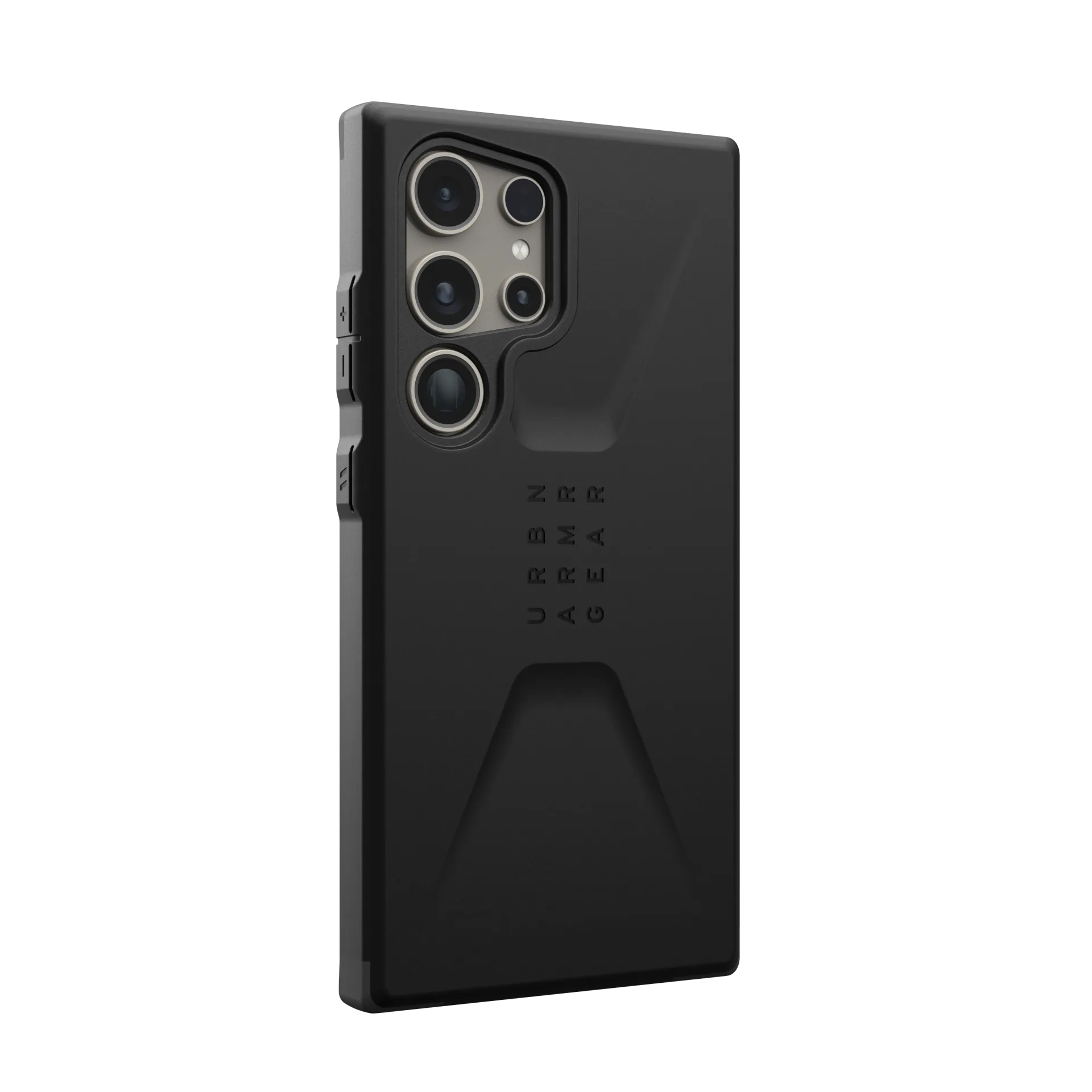 Zwarte smartphone case met cameramodule en verticaal logo.