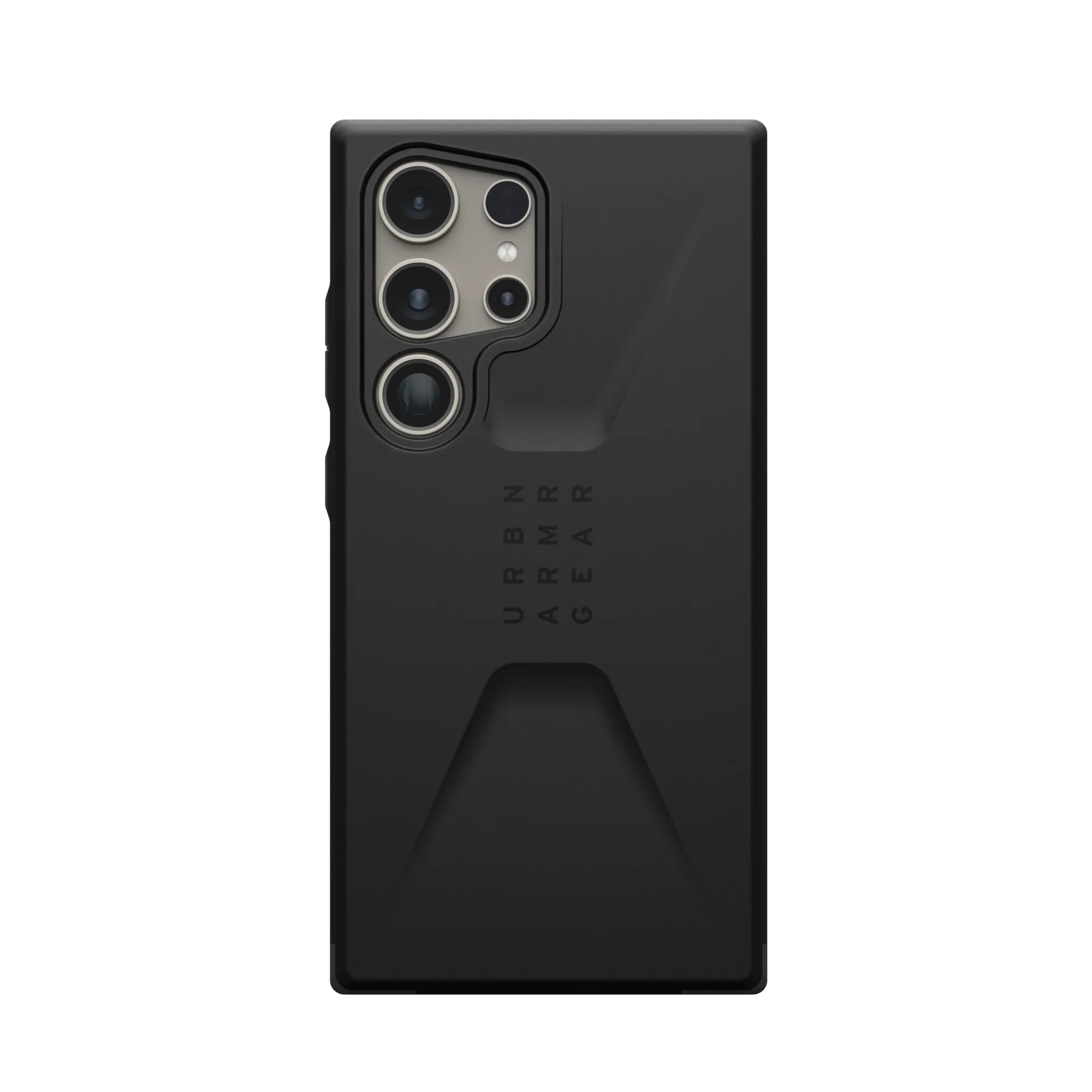 Zwarte telefoonhoes met camera-uitsparing en logo.