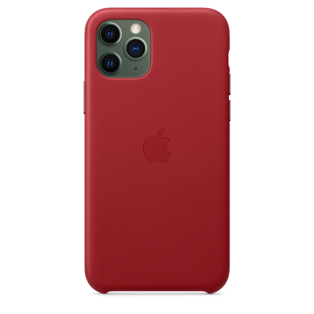 Red iPhone case with Apple logo and triple camera cutout.