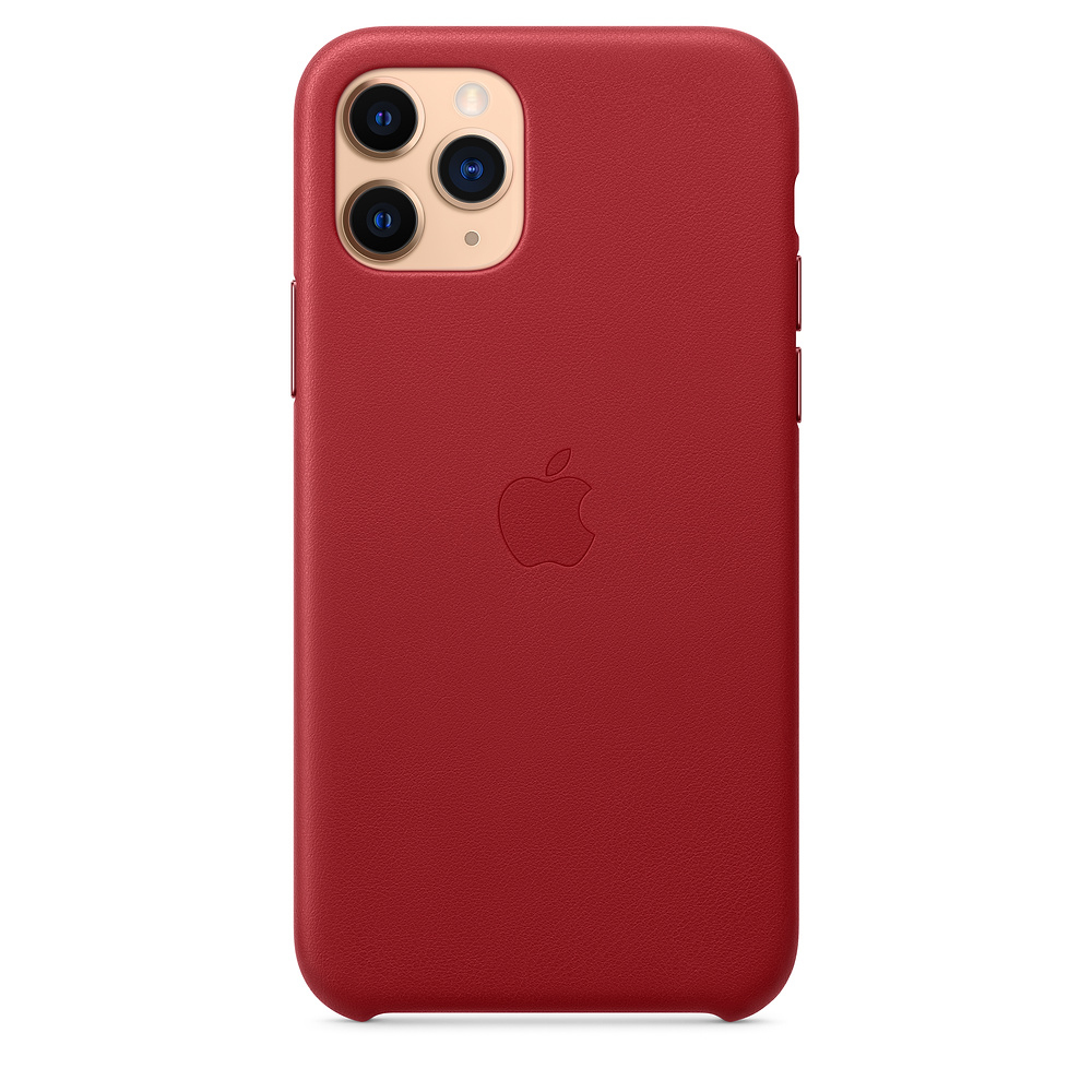 Red leather case for a smartphone with three cameras and Apple logo.