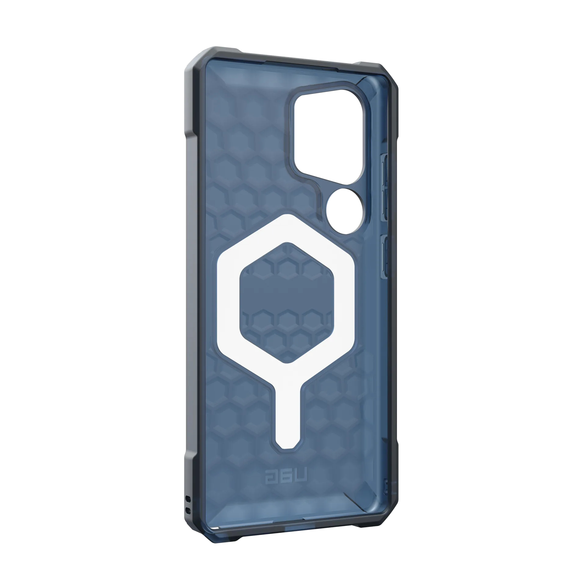 Eine durchsichtige blaue Handyhülle mit Wabendesign und weißem sechseckigem Logo.