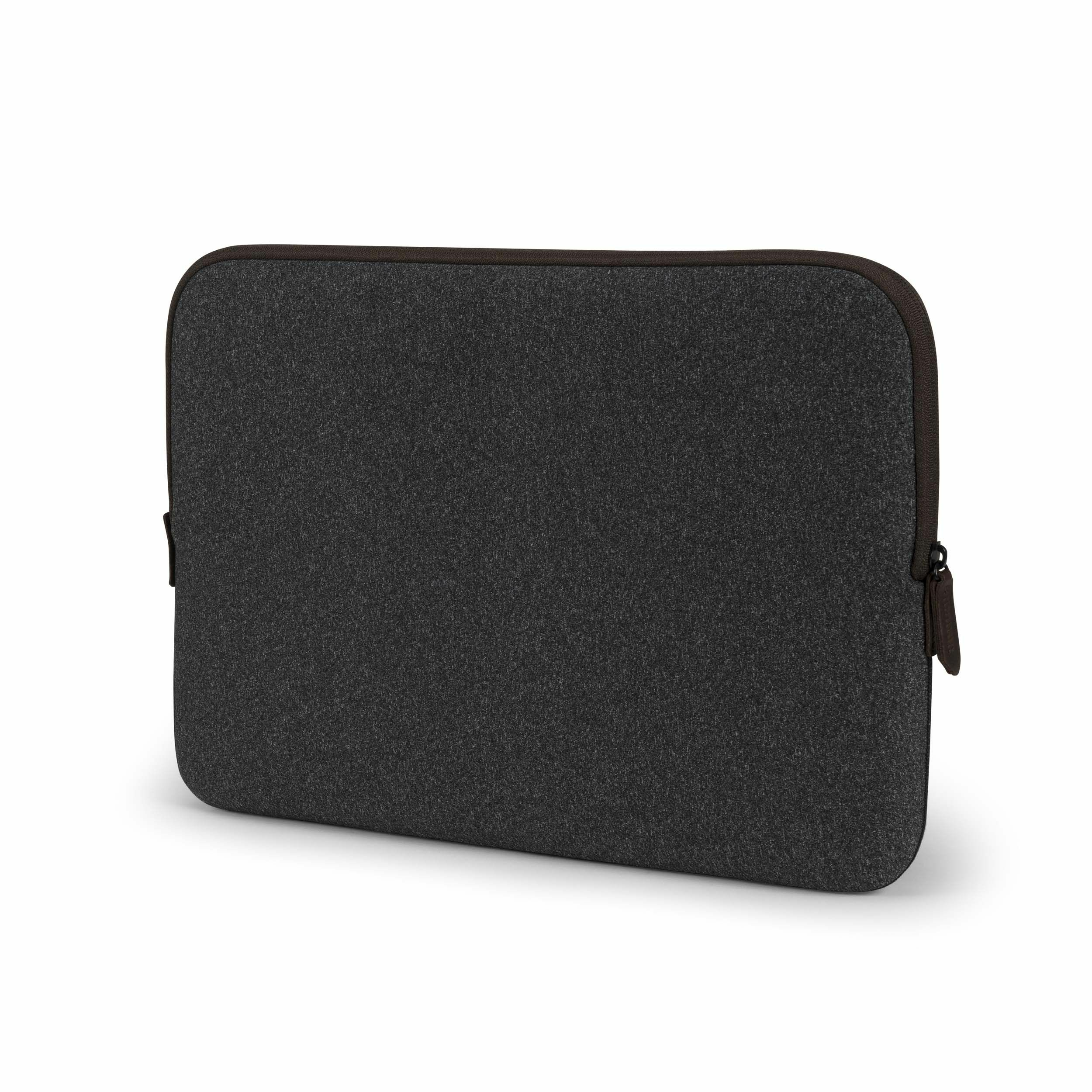 Dunkelgraue Laptoptasche mit Reißverschluss und braunem Rand, auf weißem Hintergrund.