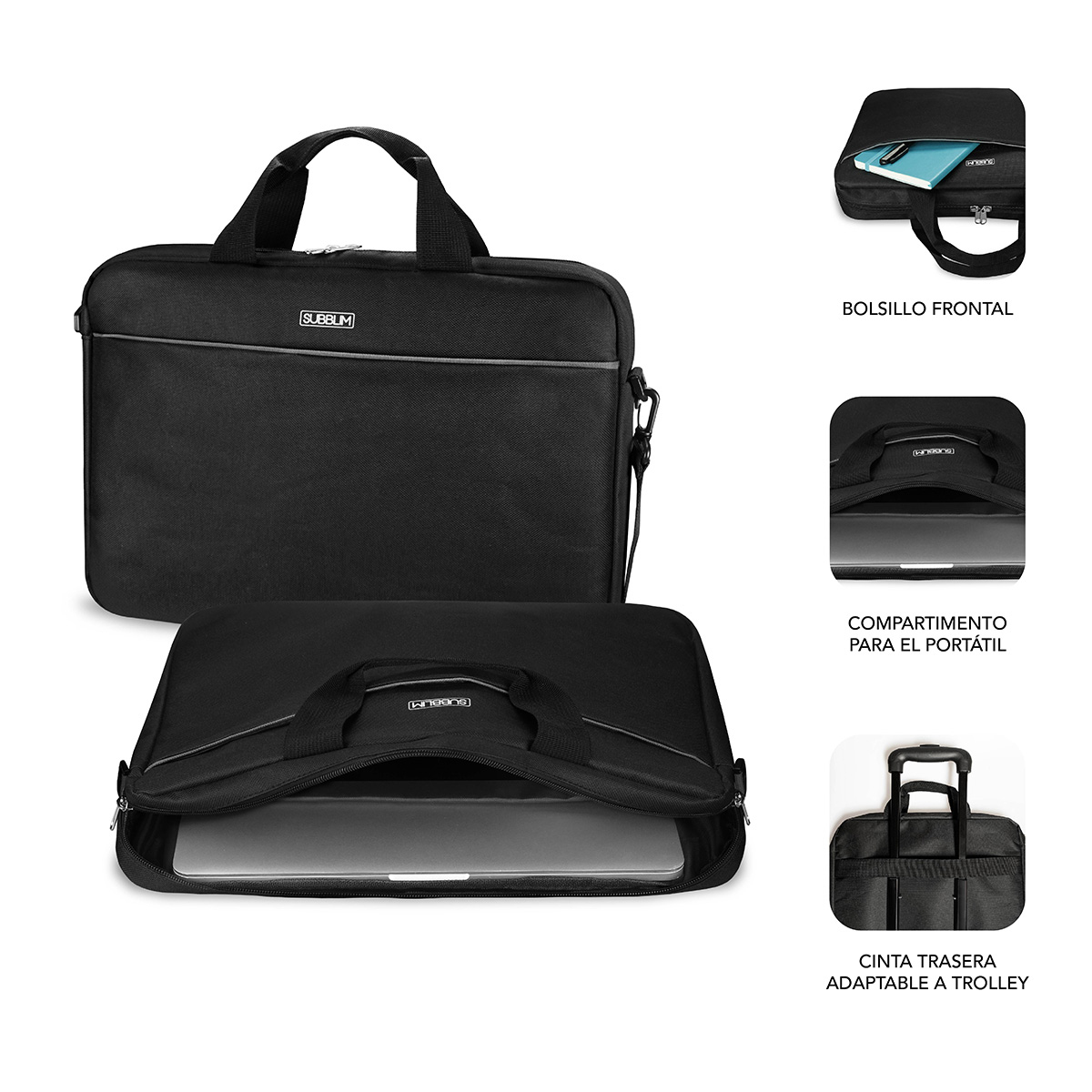 Borsa nera per laptop: anteriore aperta, scomparto, cinghia.