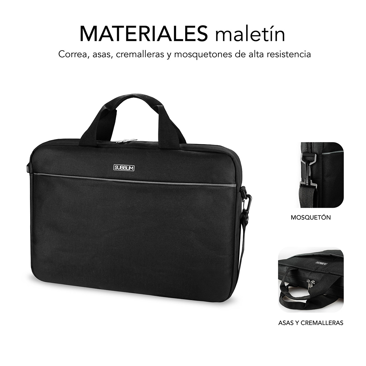 Borsa nera per laptop con manici e tracolla.