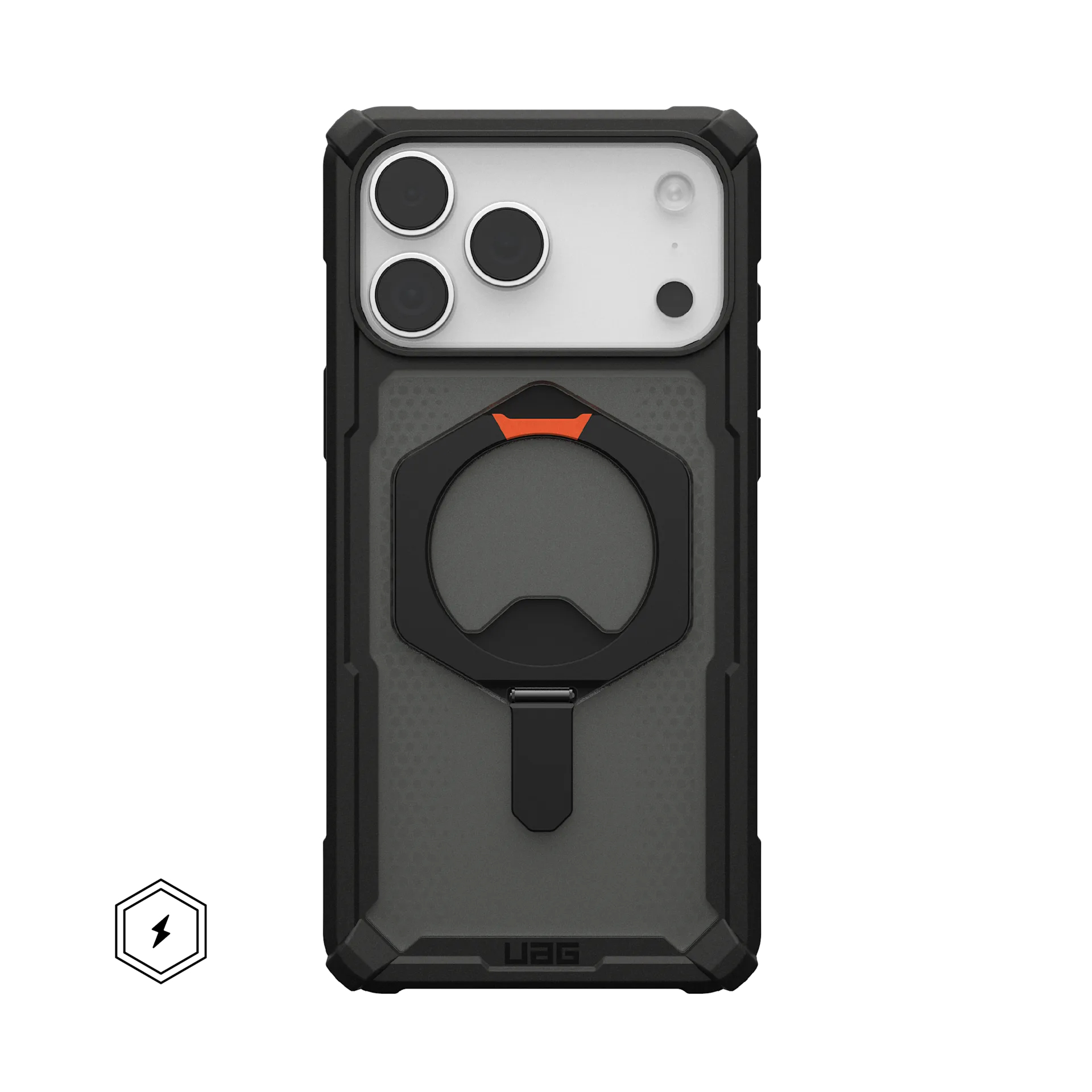 Custodia nera per telefono con sistema di fotocamere, anello portaoggetti e logo.