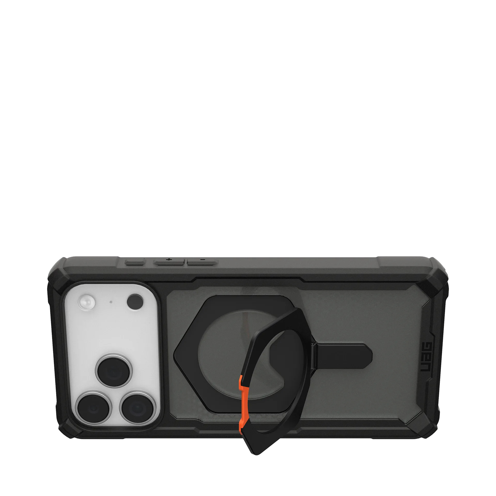 Custodia nera per telefono con anello, fotocamere e controlli.