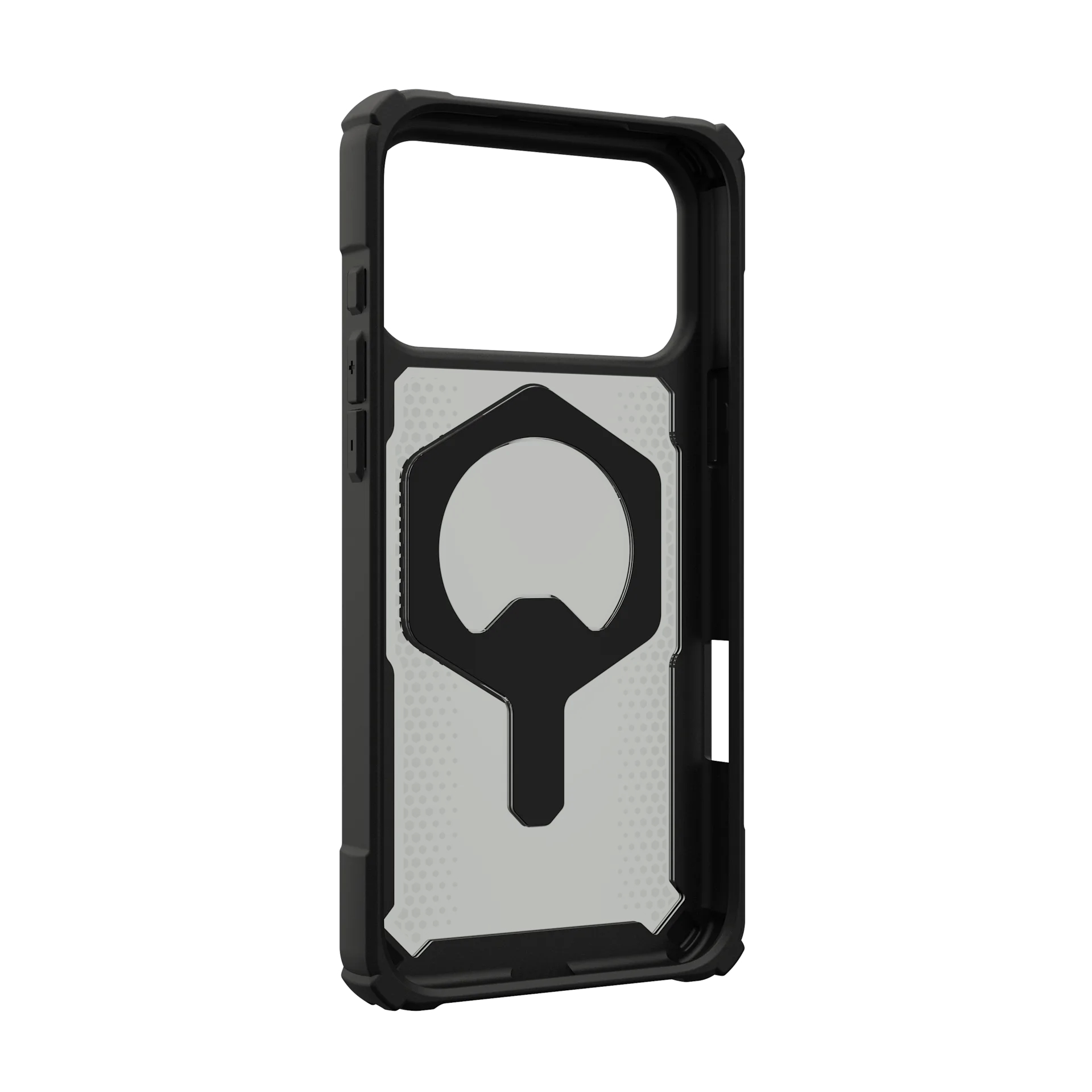 Custodia iPhone nera robusta con motivo esagonale e ritaglio centrale.