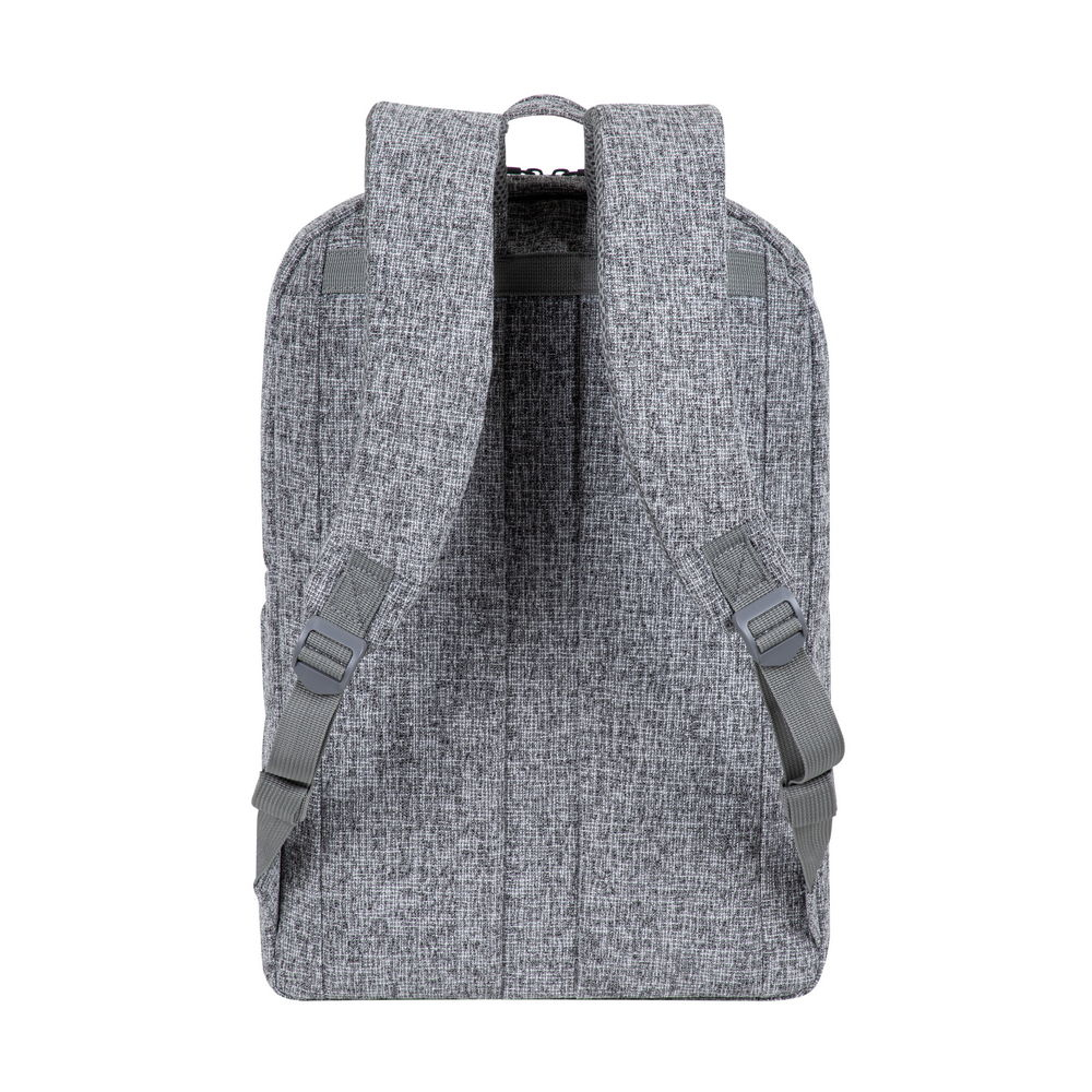 Rückansicht eines grauen Rucksacks mit verstellbaren Schultergurten und Aufhängeschlaufe.