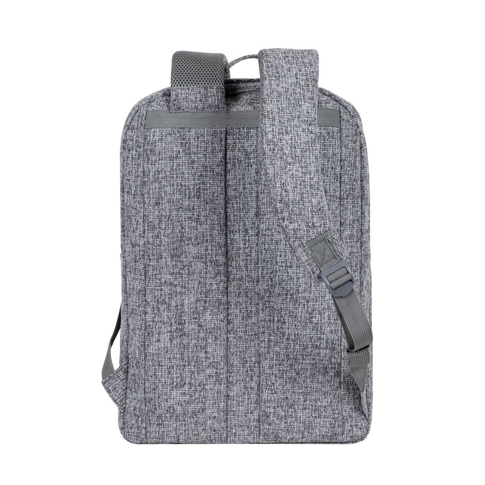 Rückansicht eines grauen Rucksacks mit gepolsterten Trägern und Schnallen.