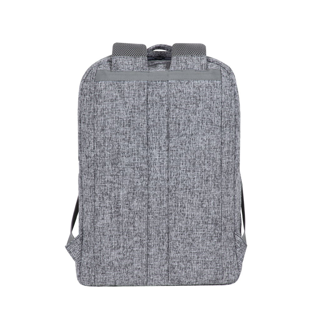 Grauer Rucksack mit gepolsterten Trägern, Rückseite nach oben.