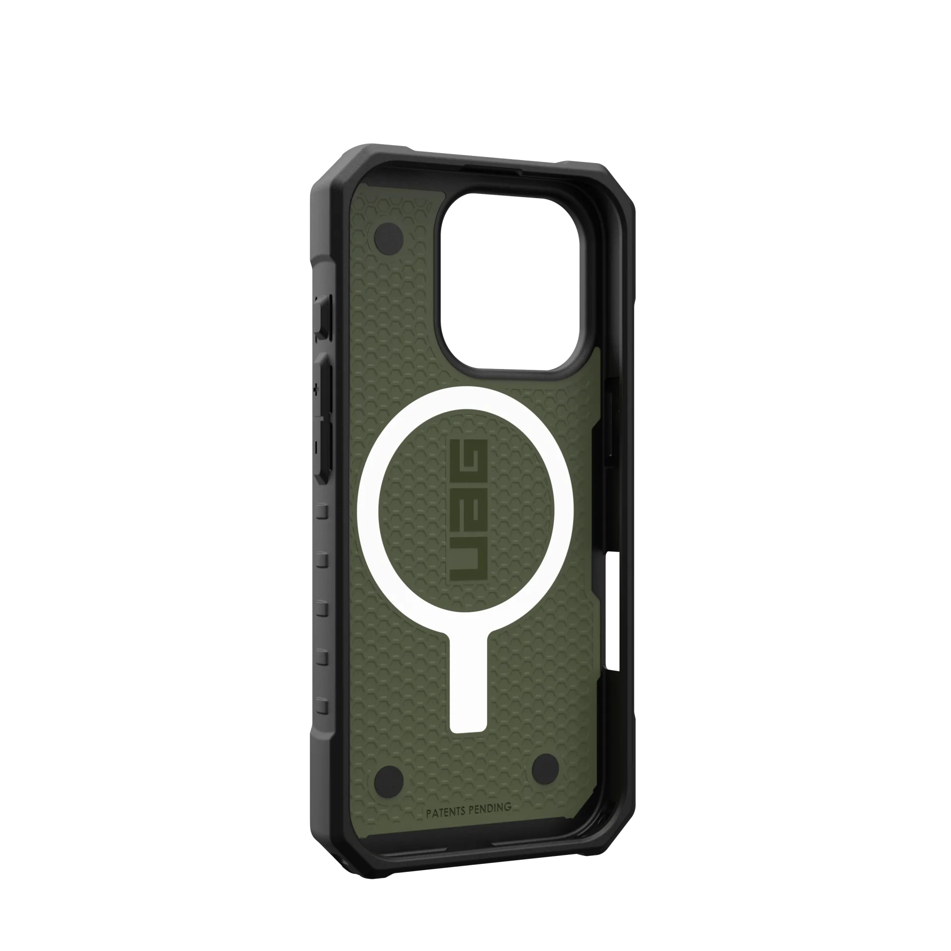 Custodia nera per iPhone con logo UAG su retro verde oliva.
