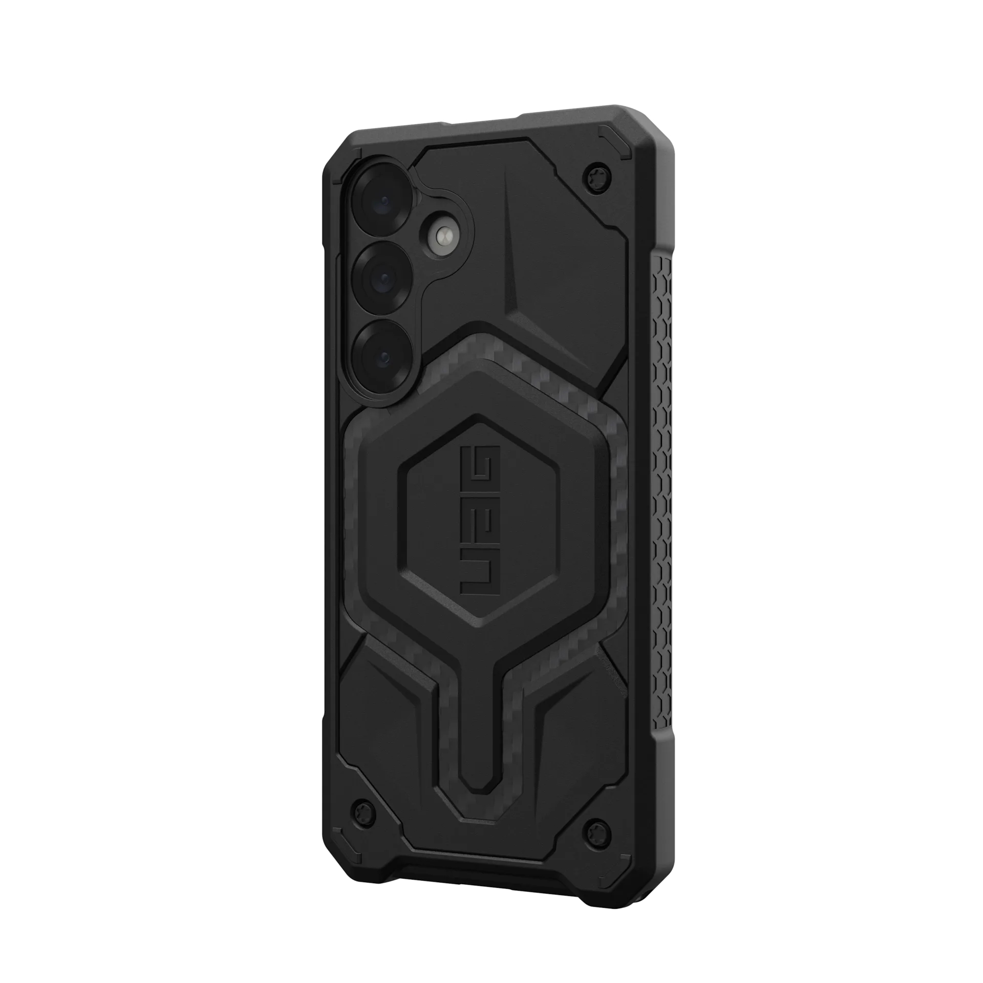 Custodia nera robusta per telefono con ritaglio fotocamera e logo UAG.