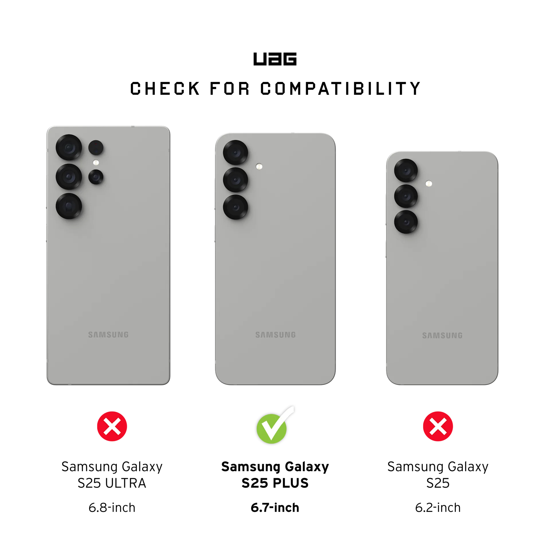 Tre telefoni Samsung: Ultra, Plus, S25. Controllo compatibilità.