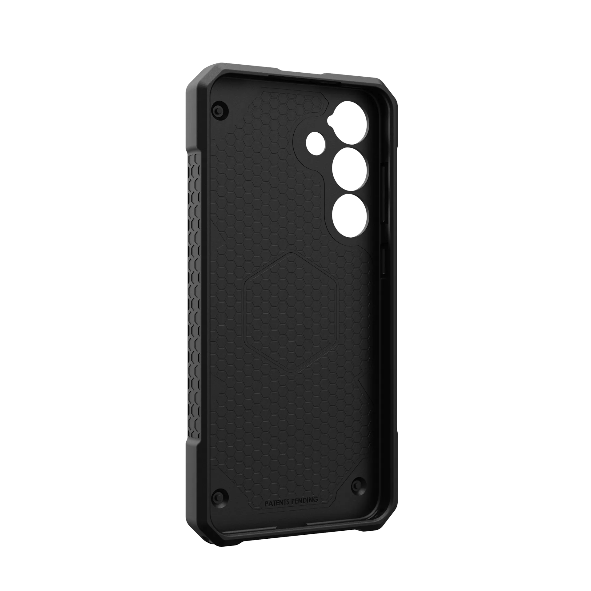 Cover nera per telefono con motivo a nido d'ape e ritagli per fotocamera.