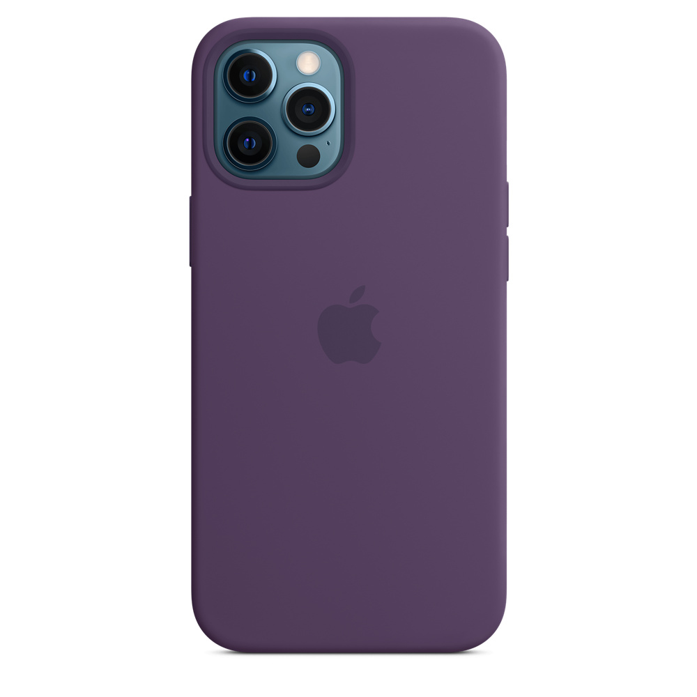 Paarse iPhone hoes met Apple logo en drievoudige camera-uitsparing.