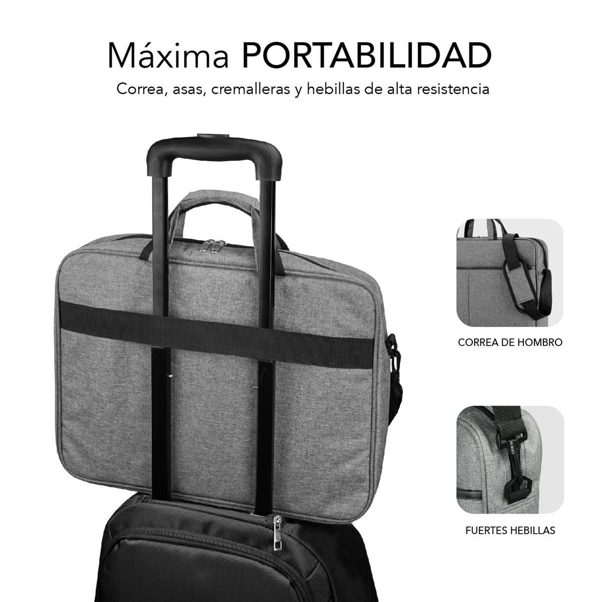 Maletín gris sobre mochila negra con asa de trolley.