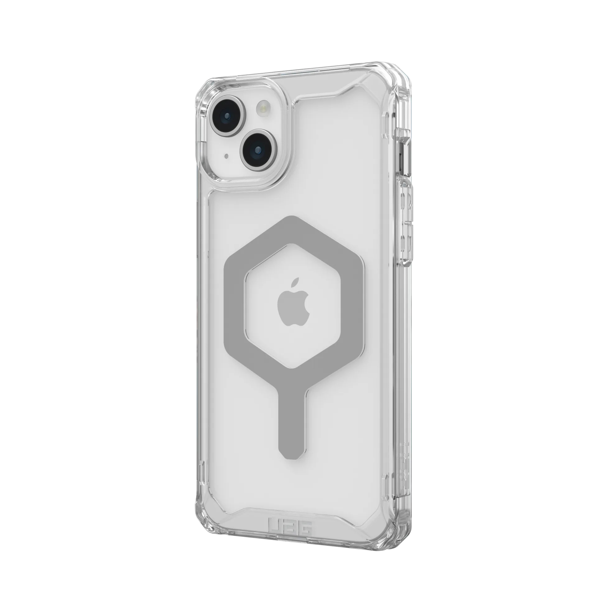 Transparente iPhone-Hülle mit grauem Hexagon-Muster und Apple-Logo.