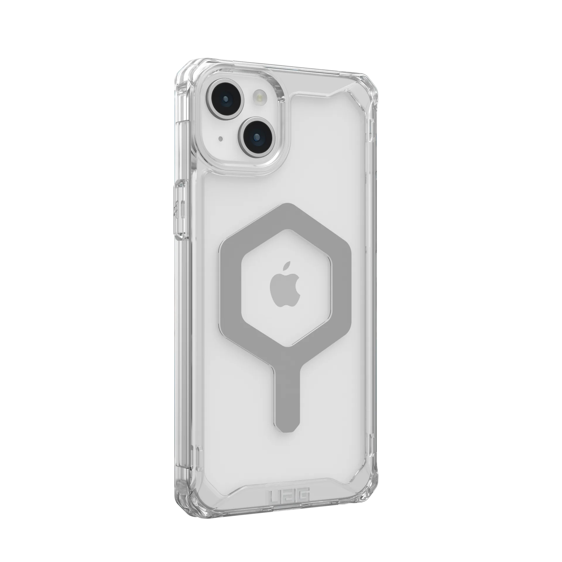 Custodia trasparente con motivo esagonale argentato e logo Apple.