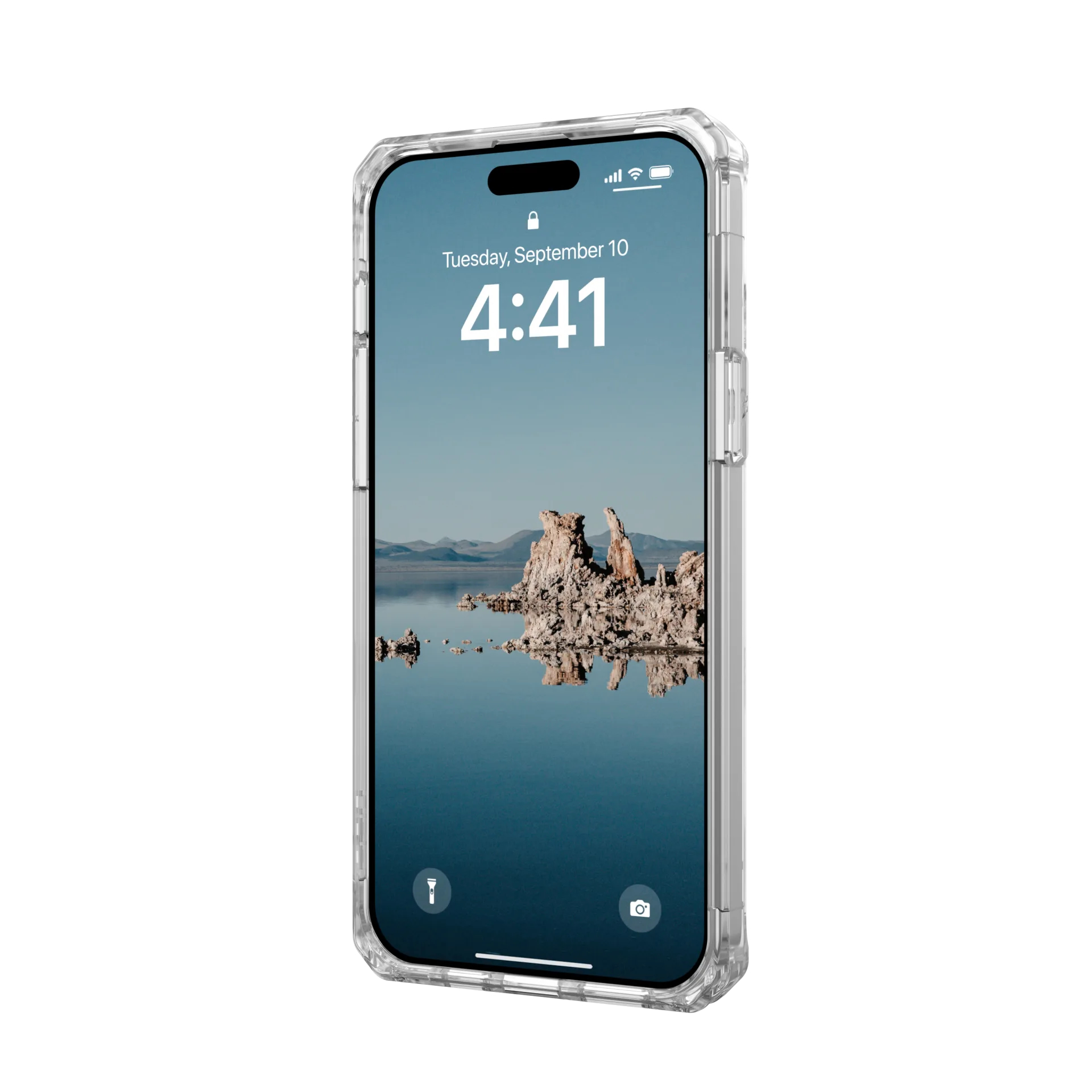 Ein durchsichtiges iPhone mit einer Landschaft im Hintergrund. Es ist 16:41 Uhr.