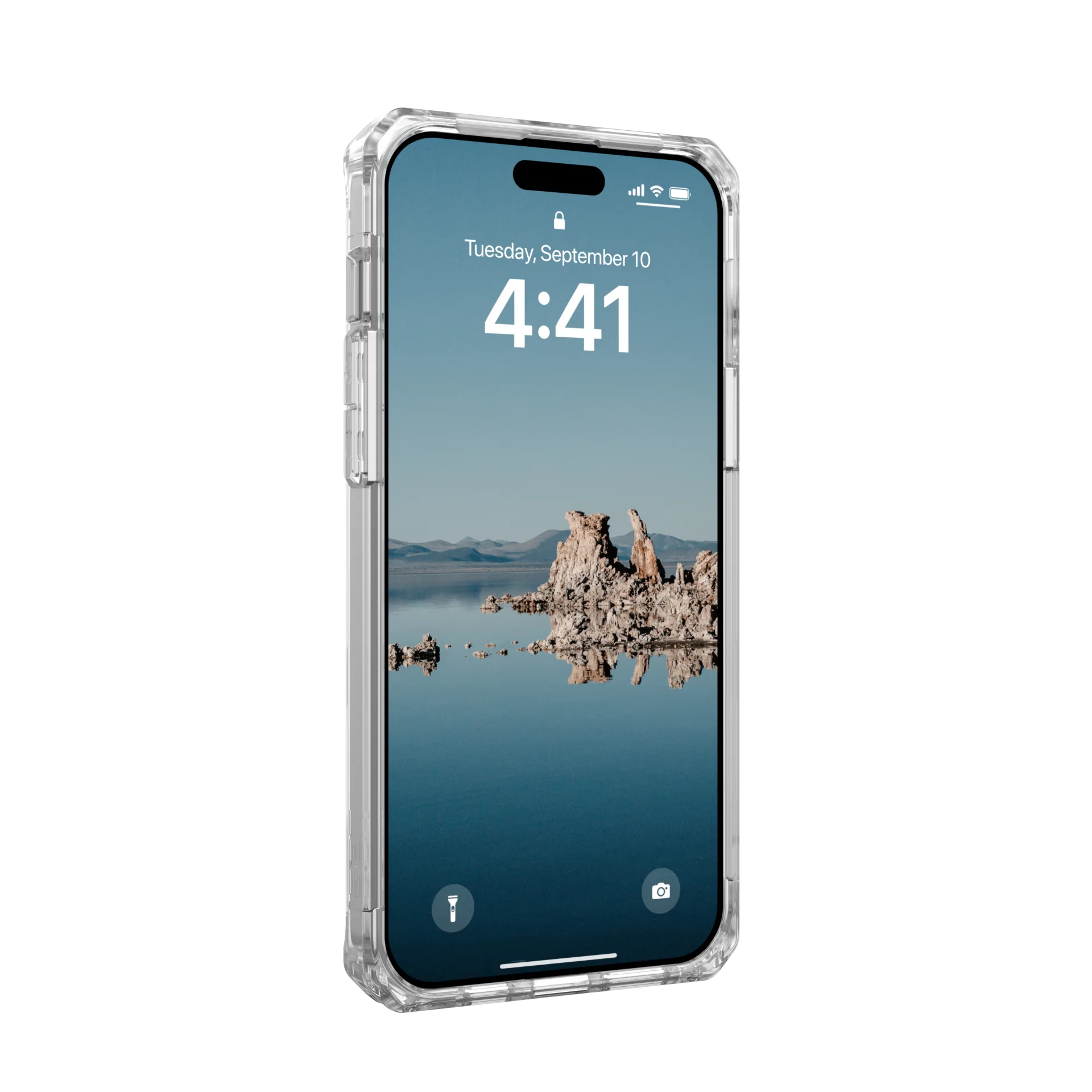 Ein durchsichtiges iPhone mit einem Sperrbildschirm, der eine Landschaft zeigt.