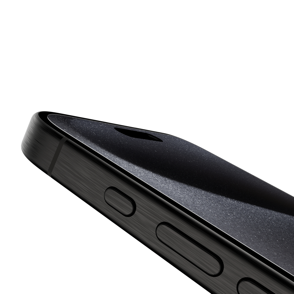 Primo piano del bordo di uno smartphone nero con pulsanti e foro.