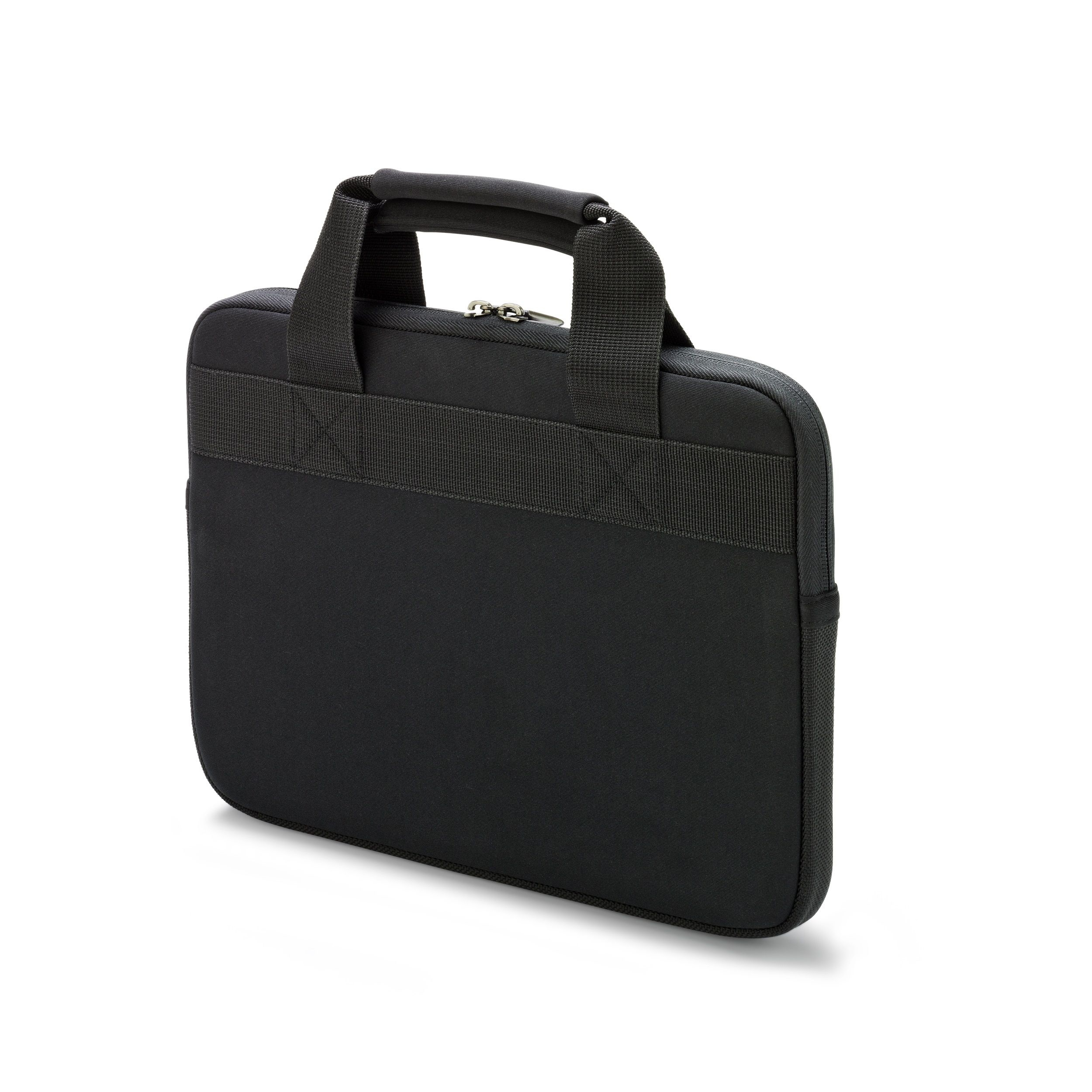 Borsa nera per laptop con manico imbottito e cerniera.