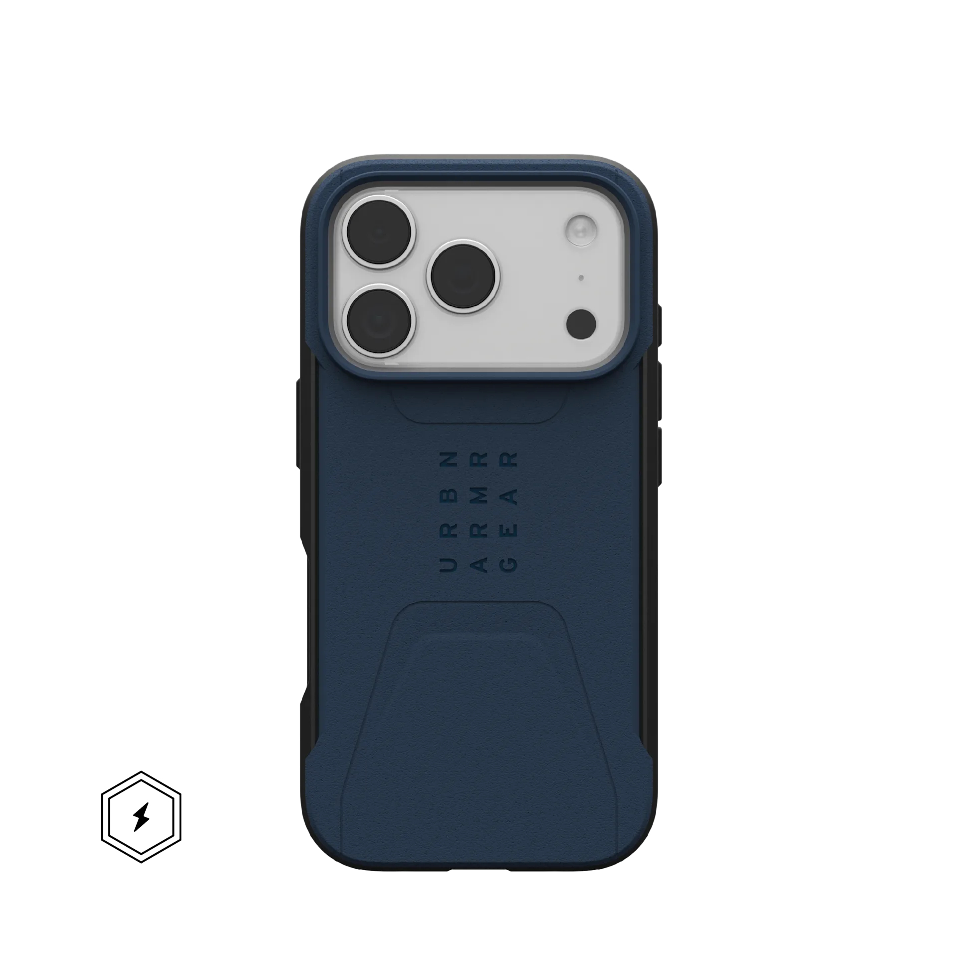 Donkerblauwe telefoonhoes met zwarte rand en camera-uitsparing.