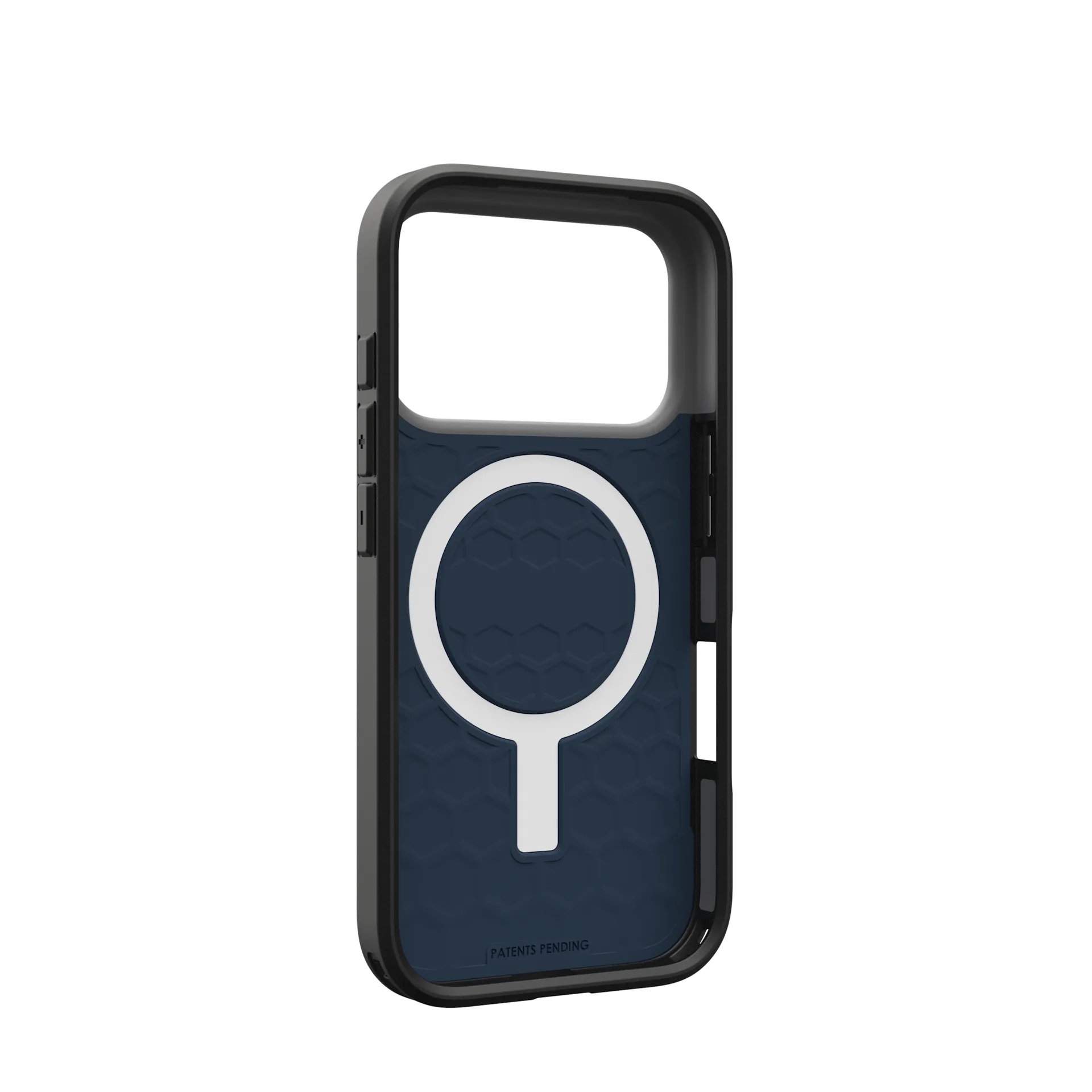 Zwarte telefoonhoes met blauw honingpatroon en witte ring.