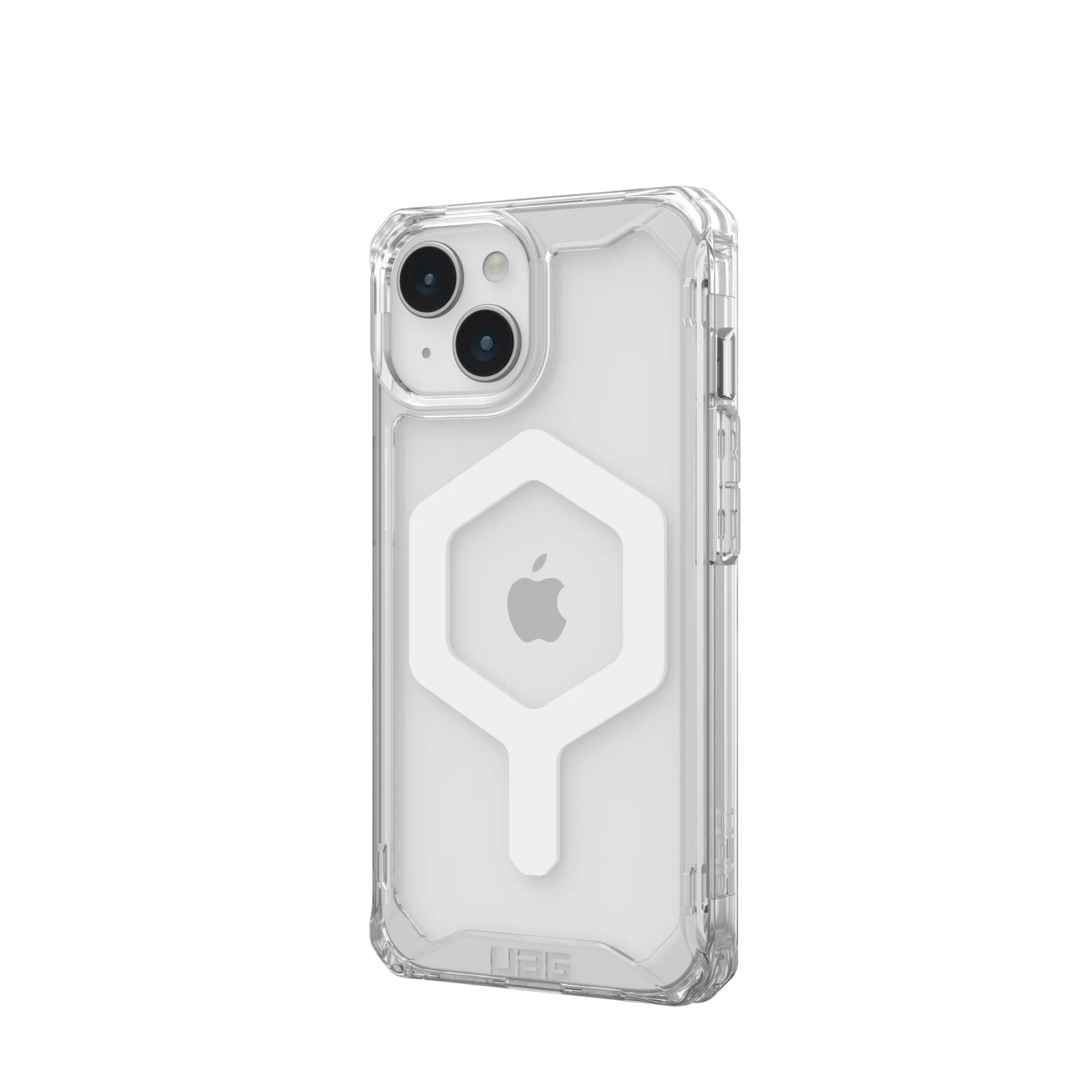 Klarer iPhone-Schutz mit weißem Sechskant-Design und Apple-Logo.