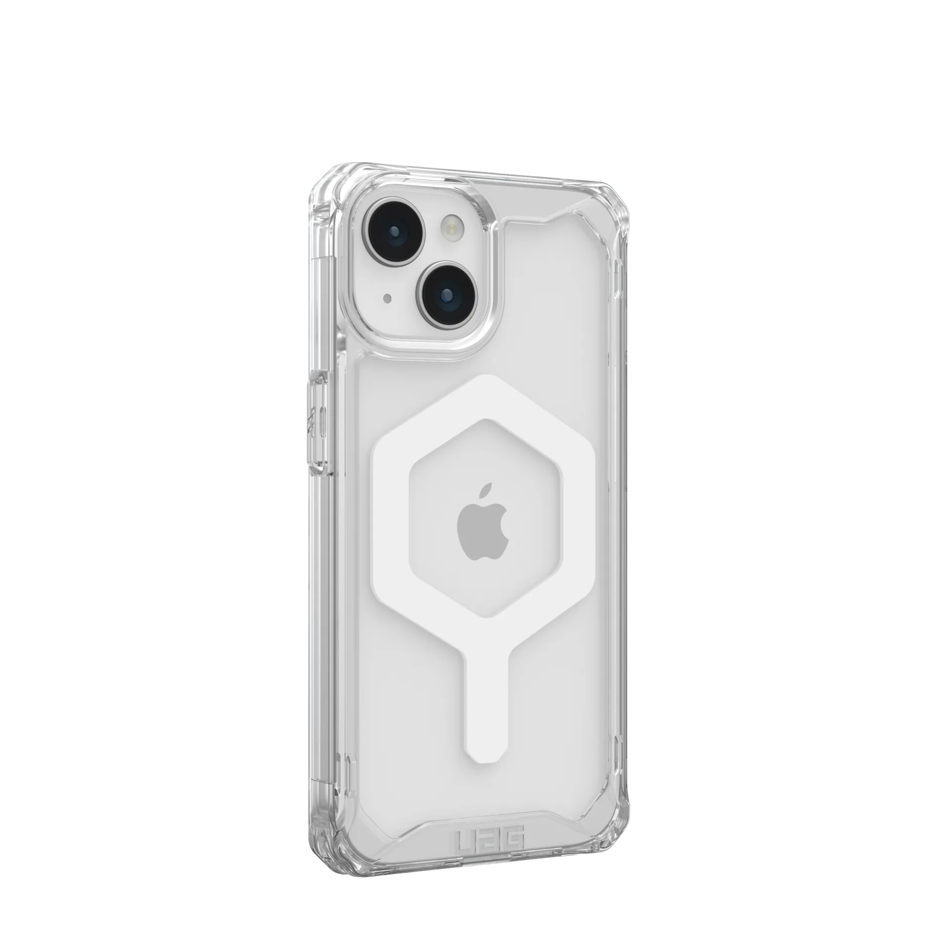 Transparente Hülle mit weißem Hexagon-Muster und Apple-Logo für ein iPhone.