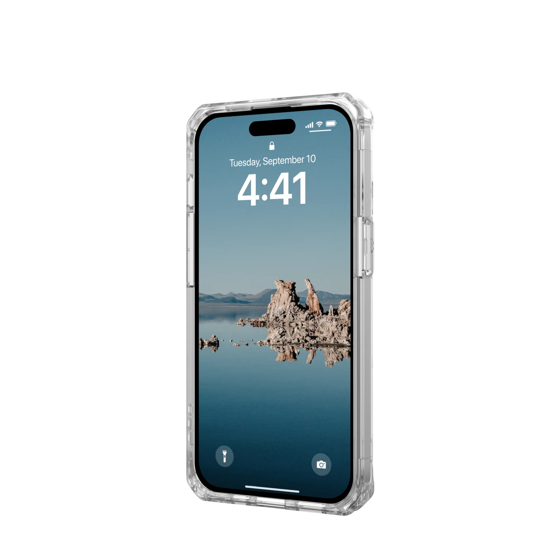 Ein transparentes iPhone-Gehäuse mit einem Bergsee-Hintergrundbild.