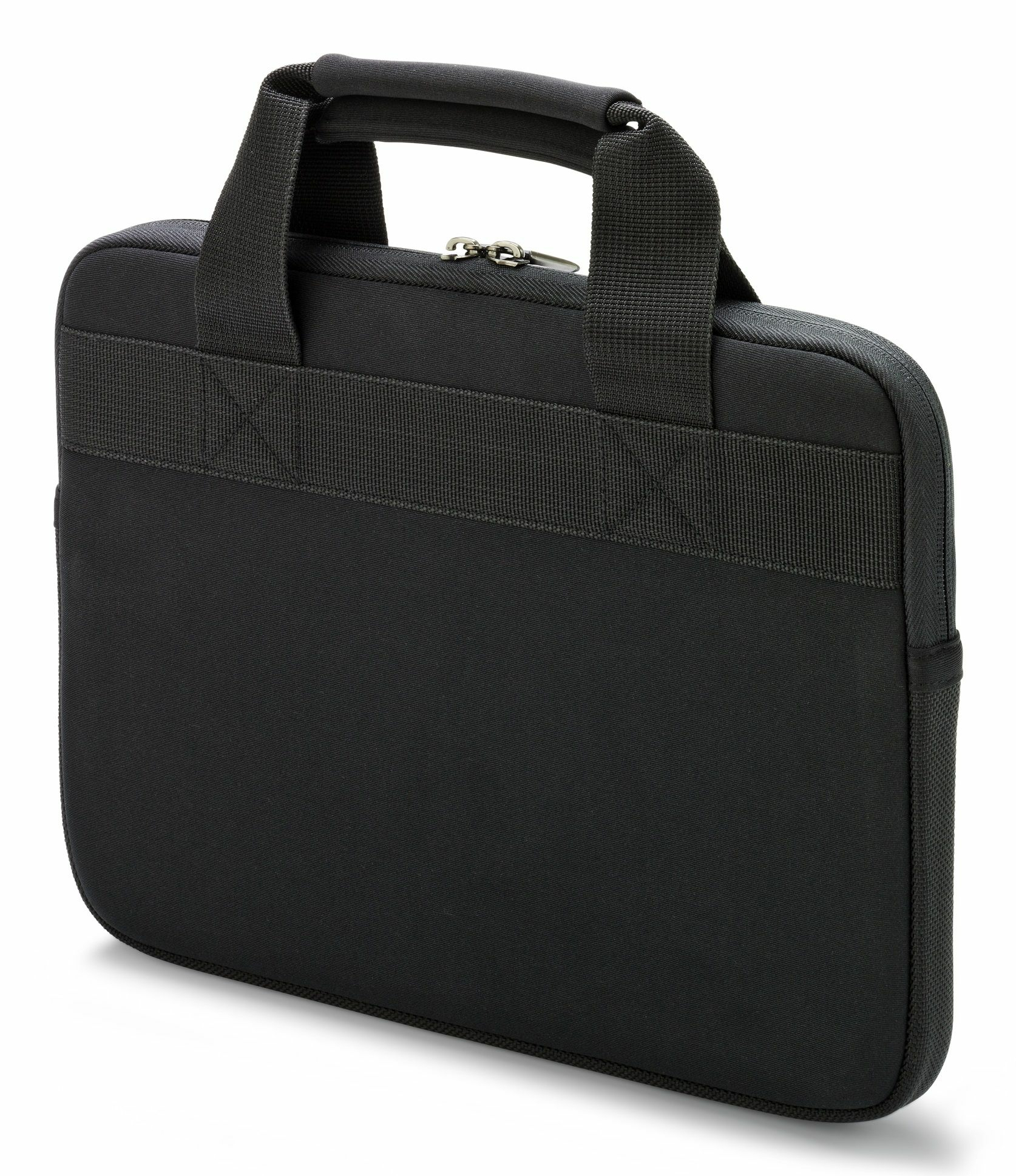 Borsa nera per laptop con manico imbottito e cerniera.