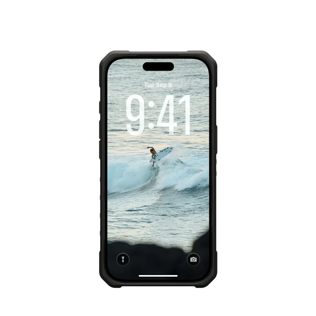 Ein iPhone zeigt einen Surfer auf einer Welle, 9:41 Uhr.