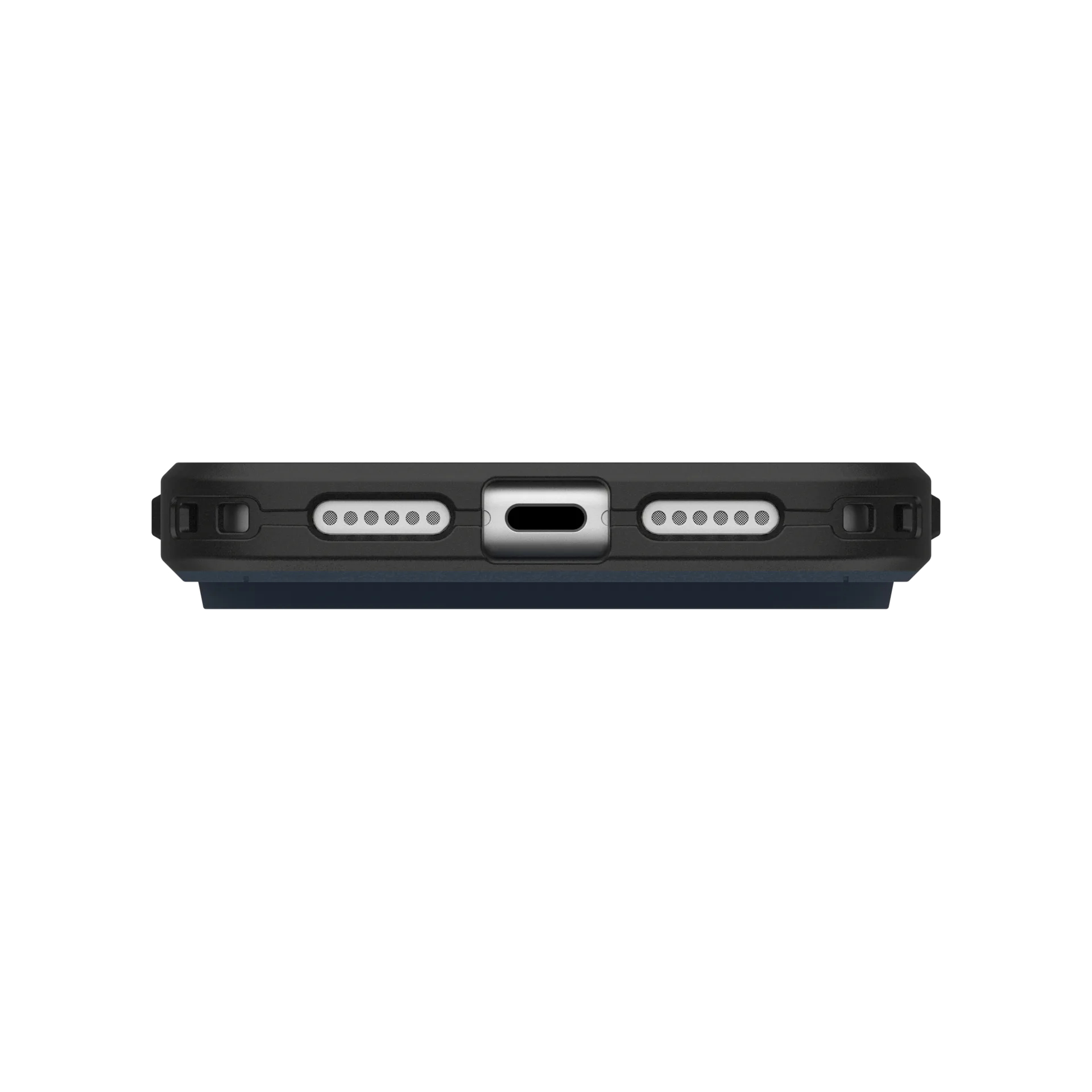 Vue inférieure d'un étui de téléphone noir avec port de chargement et grilles.