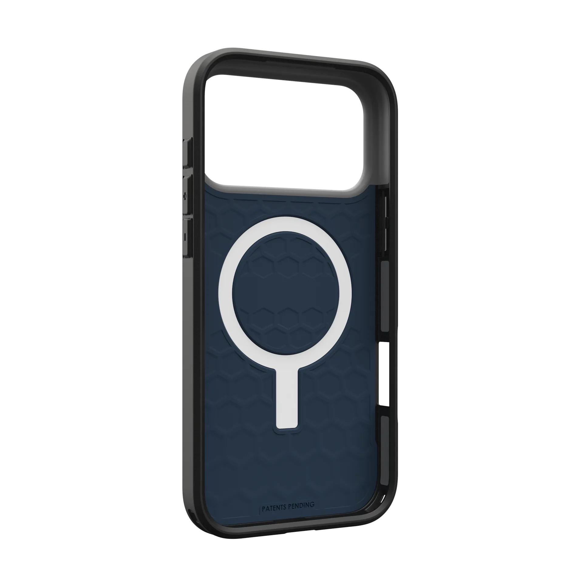 Coque de téléphone bleu foncé avec cercle magnétique blanc et motif nid d'abeille.